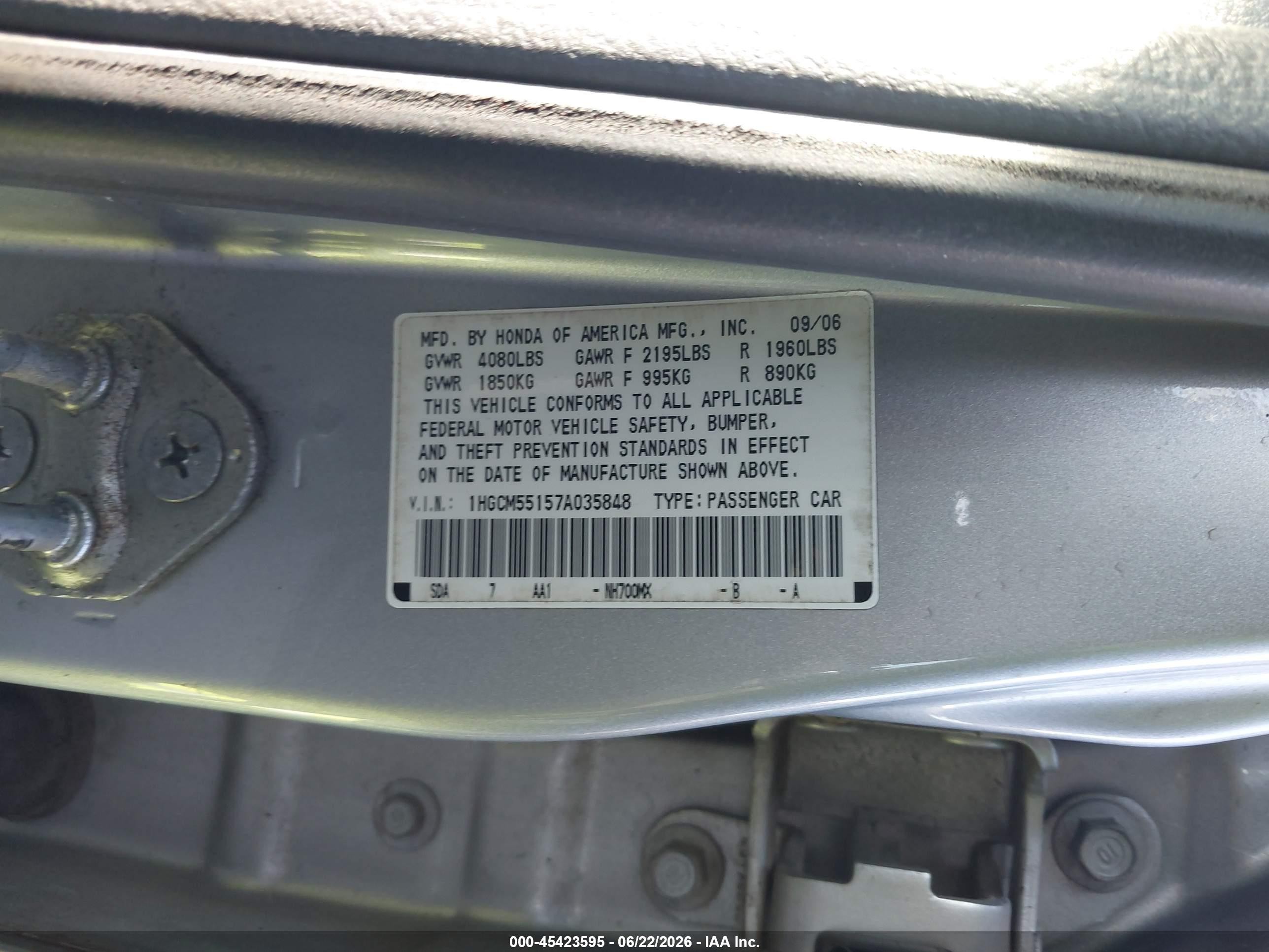 2007 Honda Accord 2.4 Vp Silver vin: 1HGCM55157A035848