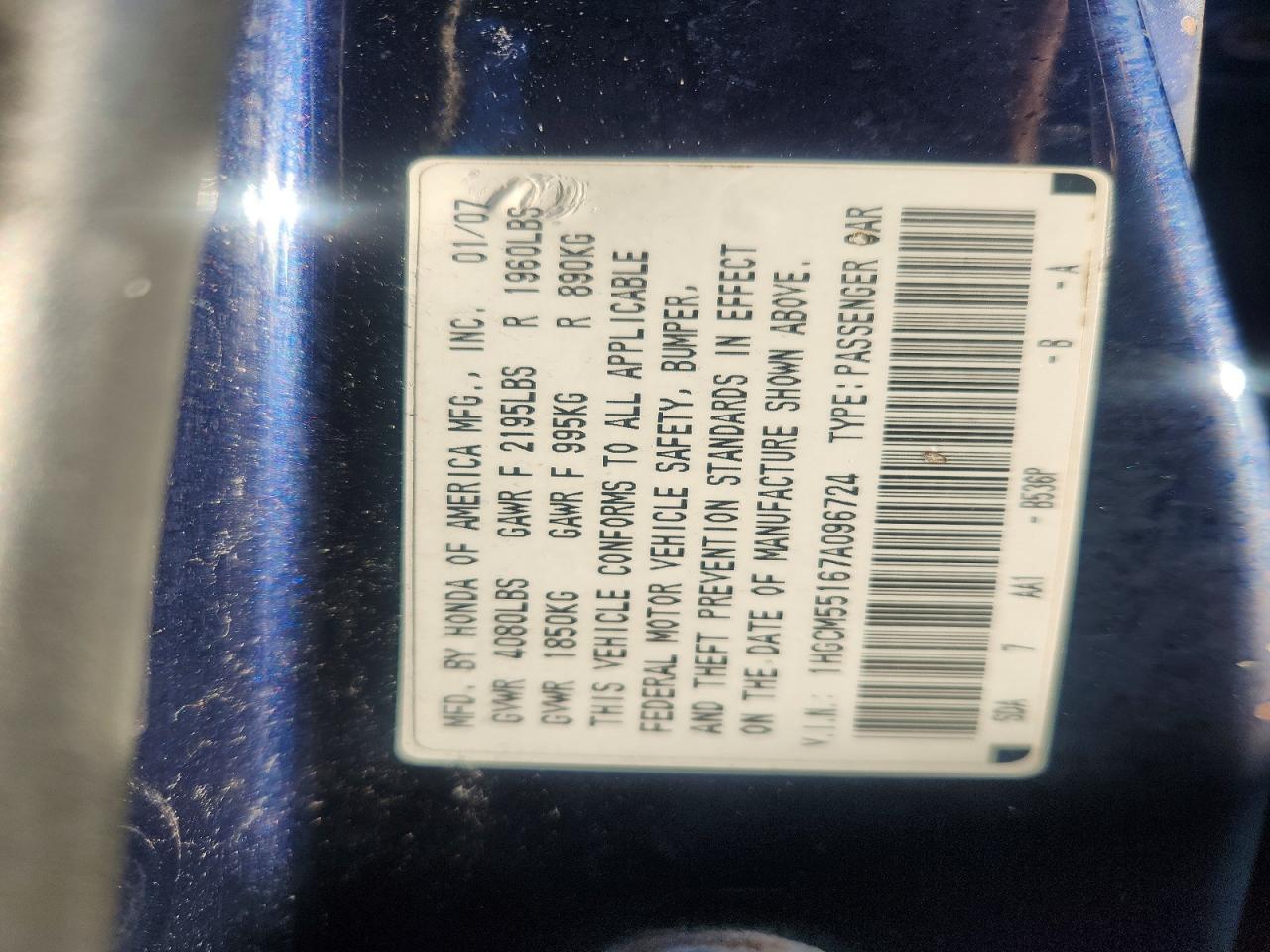 2007 Honda Accord Value Blue vin: 1HGCM55167A096724