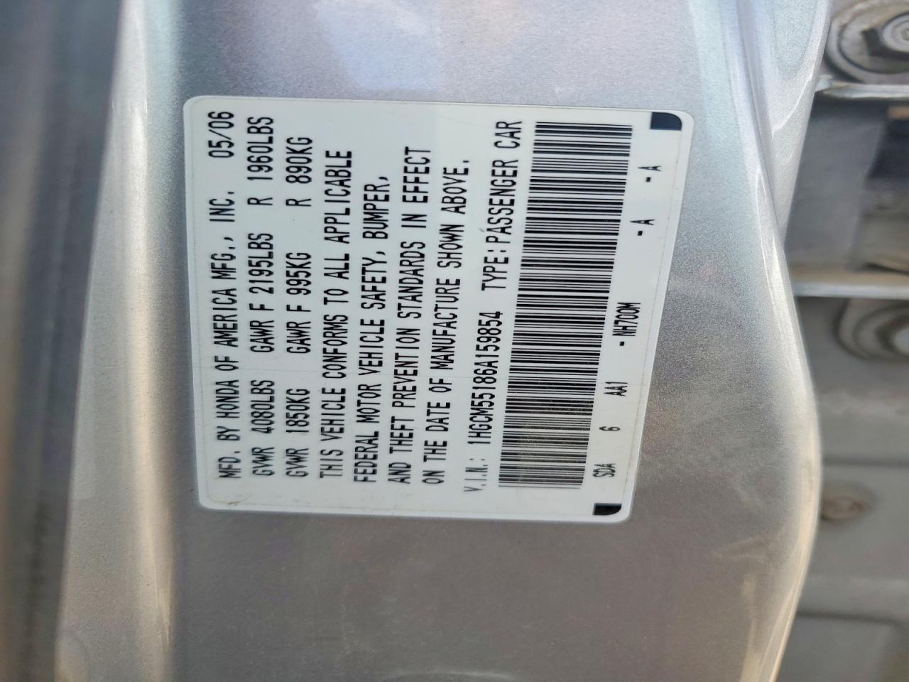 2006 Honda Accord Value Серебряный vin: 1HGCM55186A159854