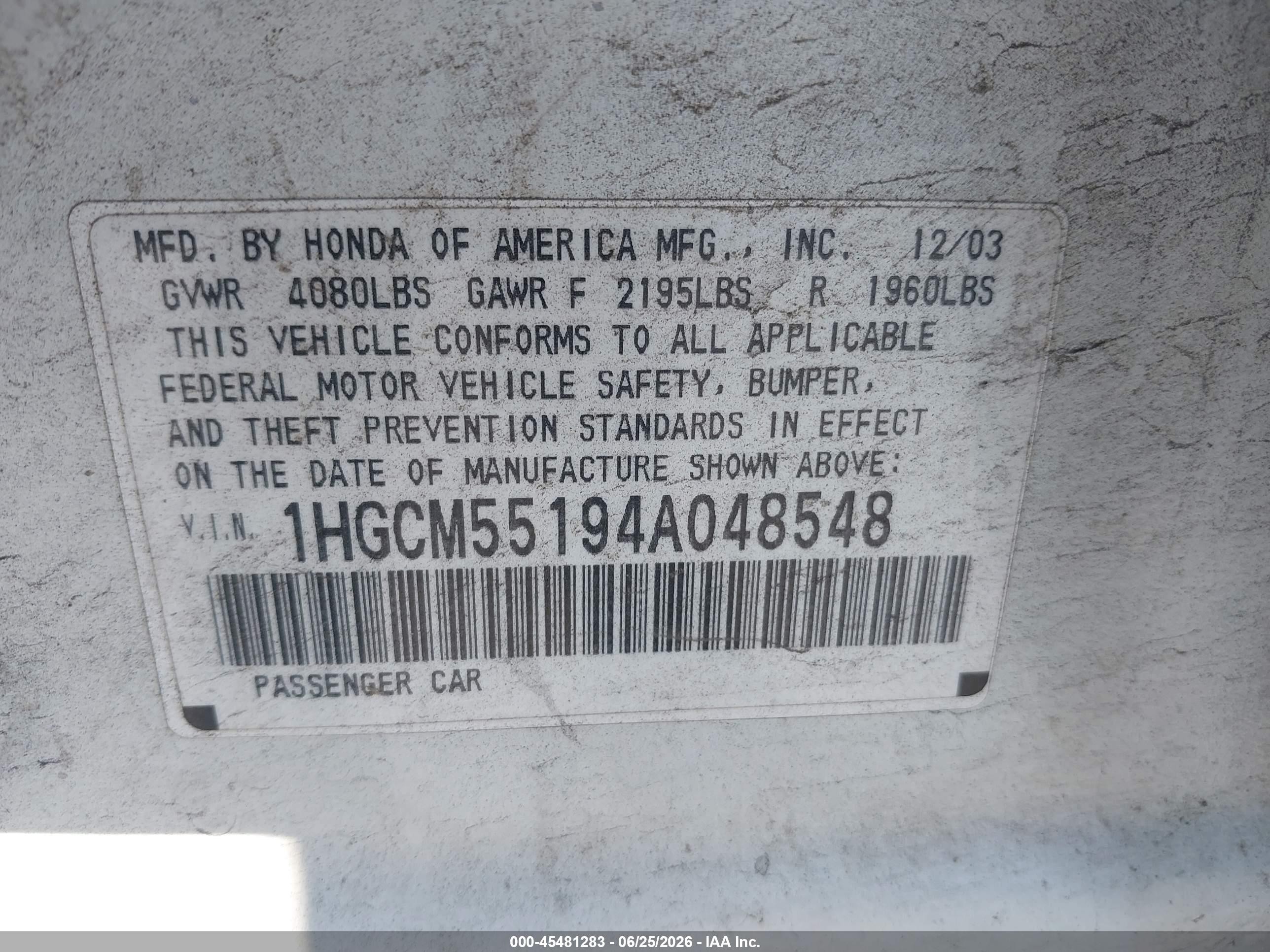 2004 Honda Accord 2.4 Dx Белый vin: 1HGCM55194A048548
