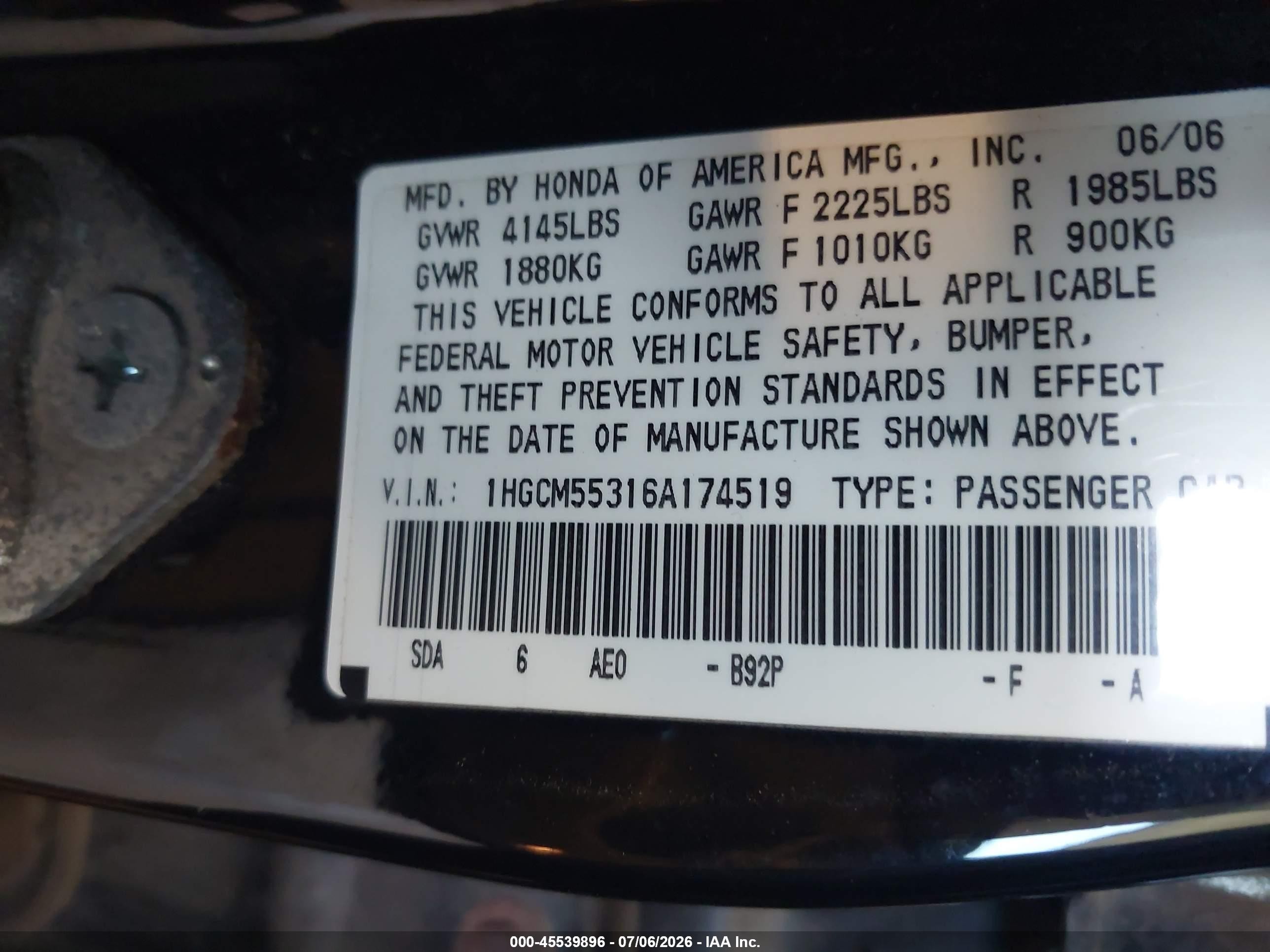 2006 Honda Accord 2.4 Se Black vin: 1HGCM55316A174519