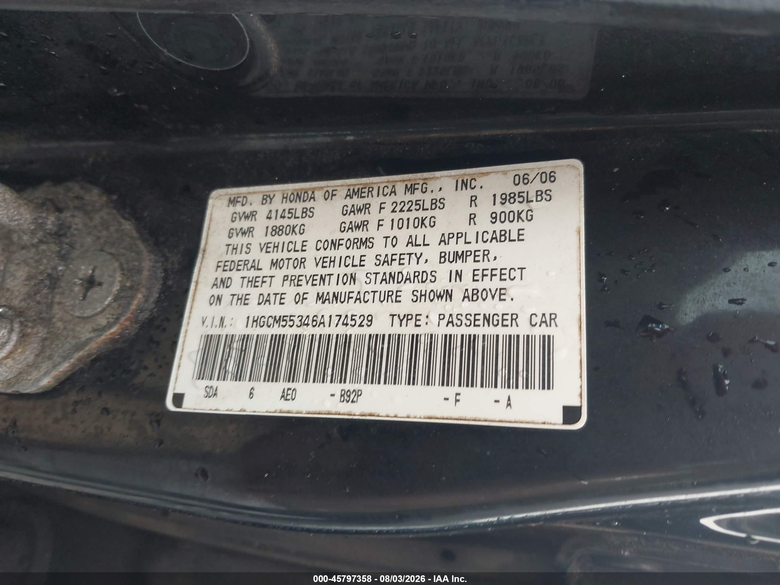 2006 Honda Accord 2.4 Se Navy vin: 1HGCM55346A174529