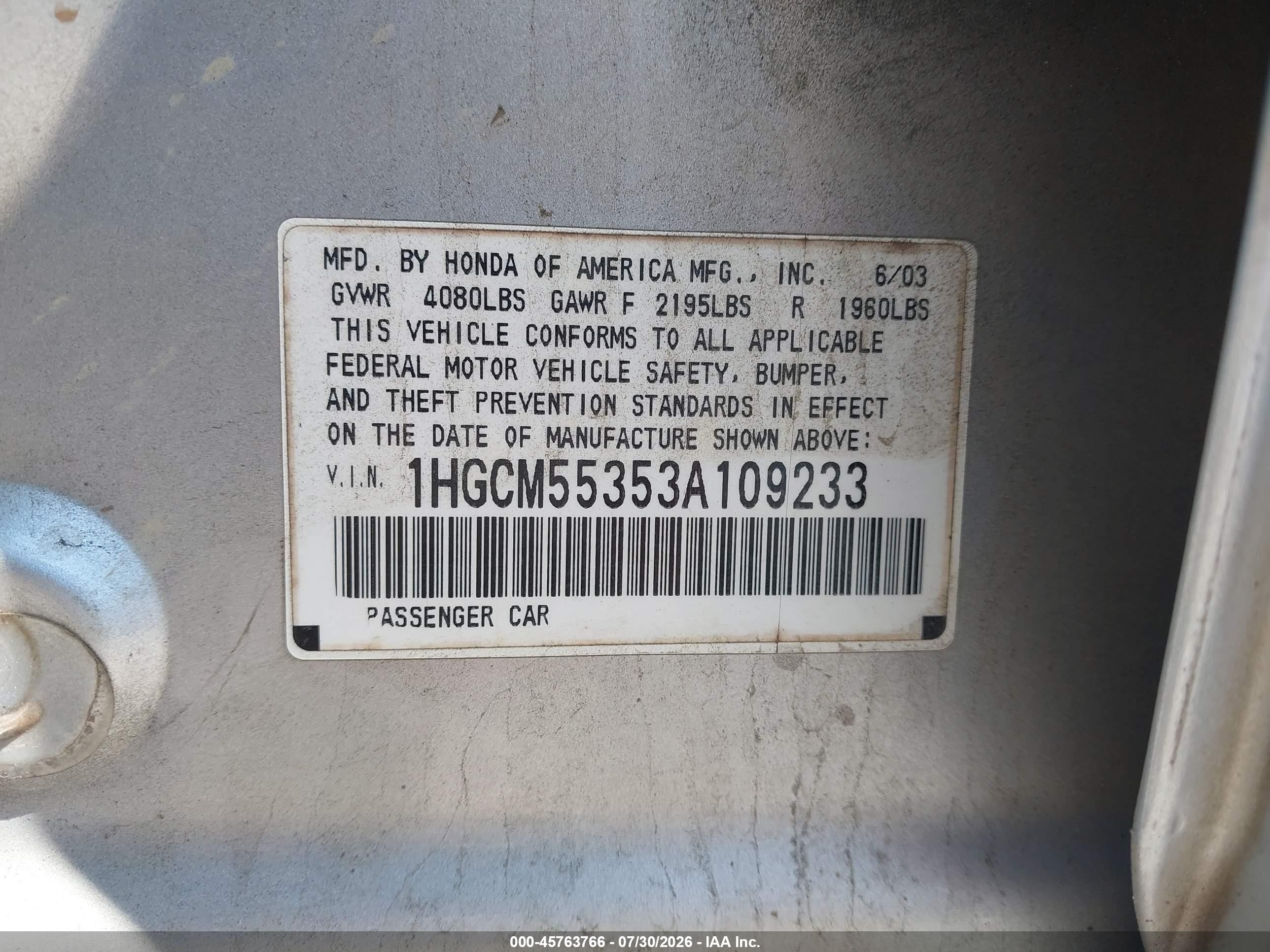 2003 Honda Accord 2.4 Lx Silver vin: 1HGCM55353A109233