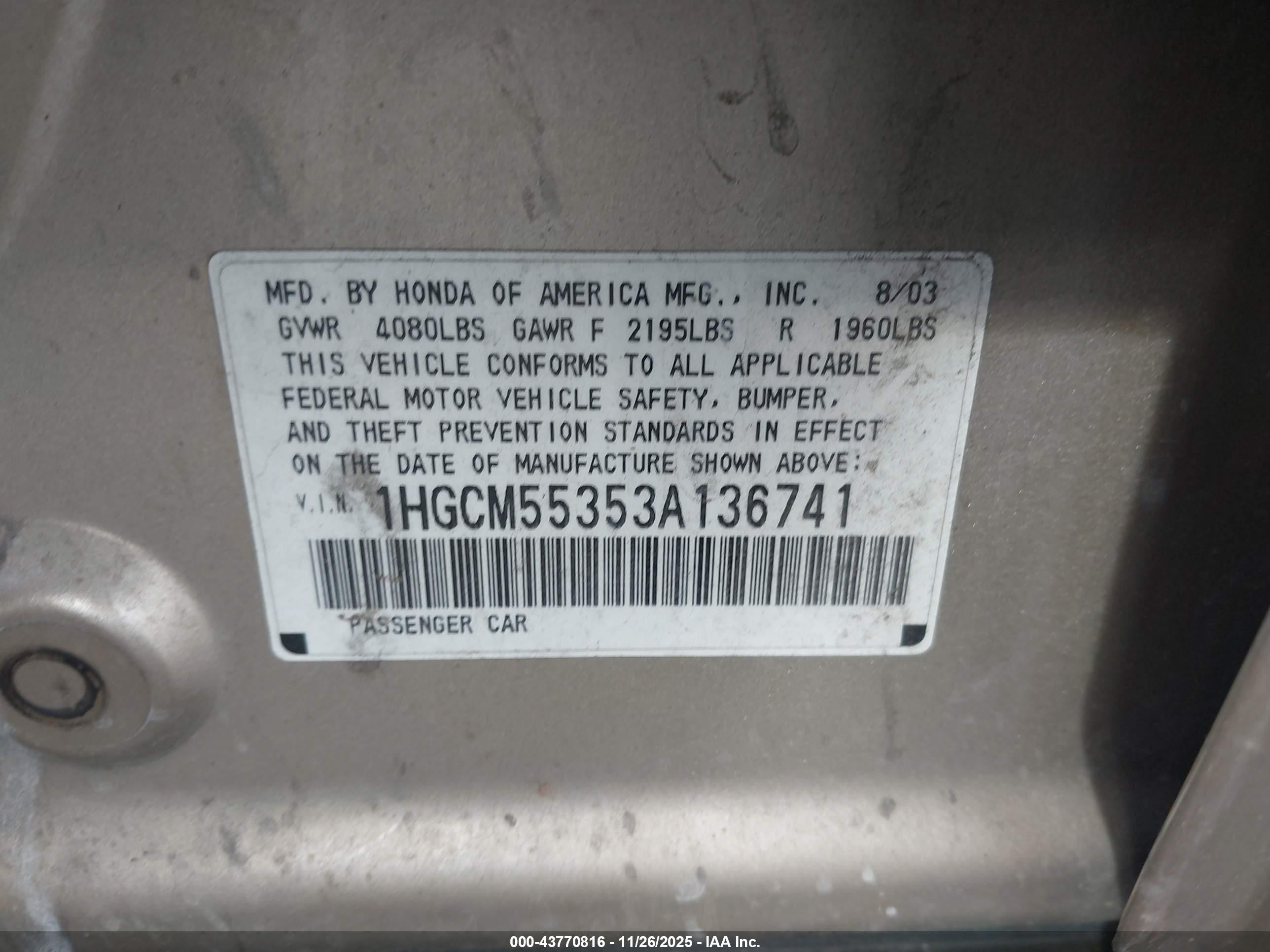2003 Honda Accord 2.4 Lx Gold vin: 1HGCM55353A136741