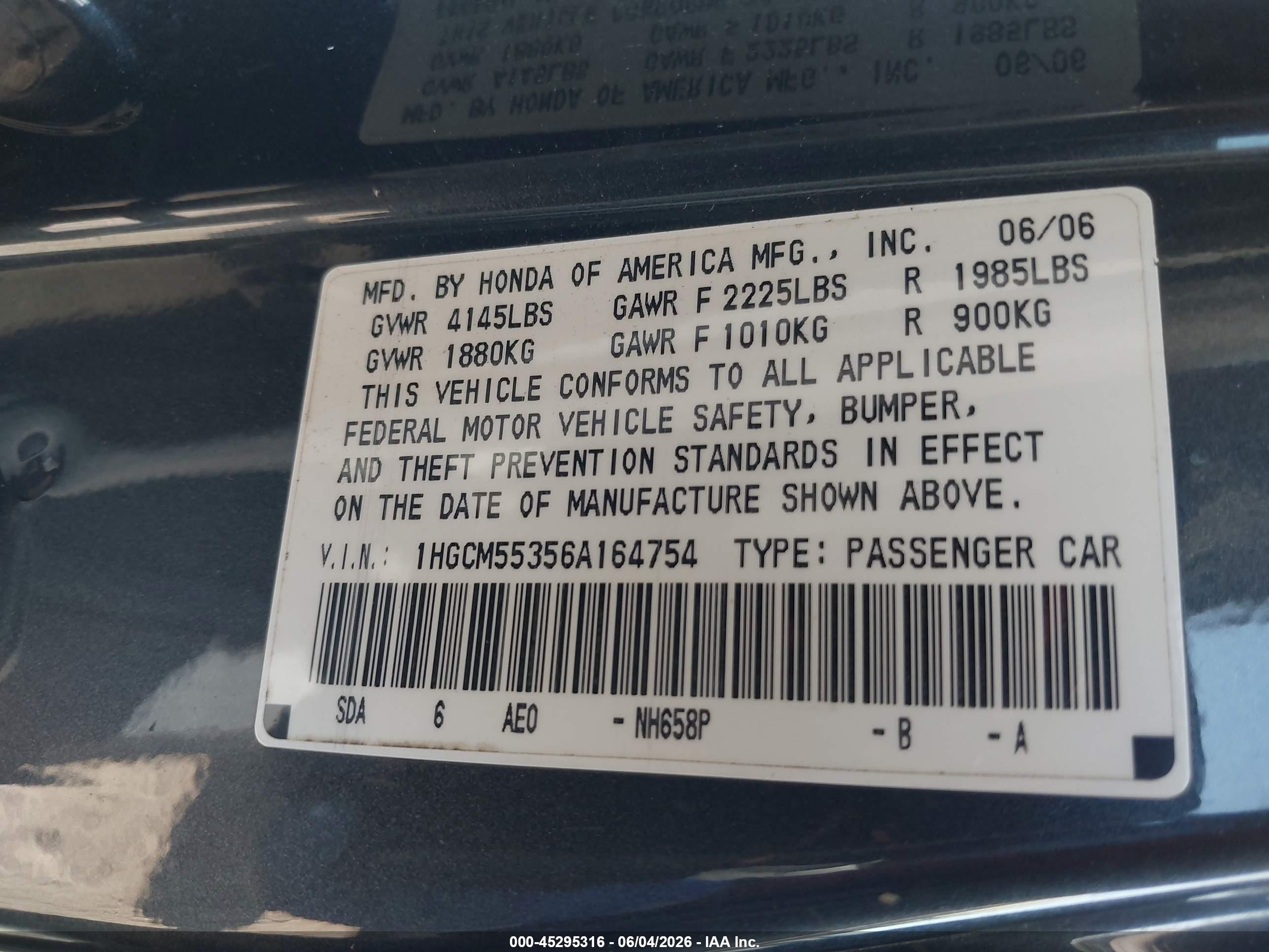 2006 Honda Accord 2.4 Se Dark Blue vin: 1HGCM55356A164754