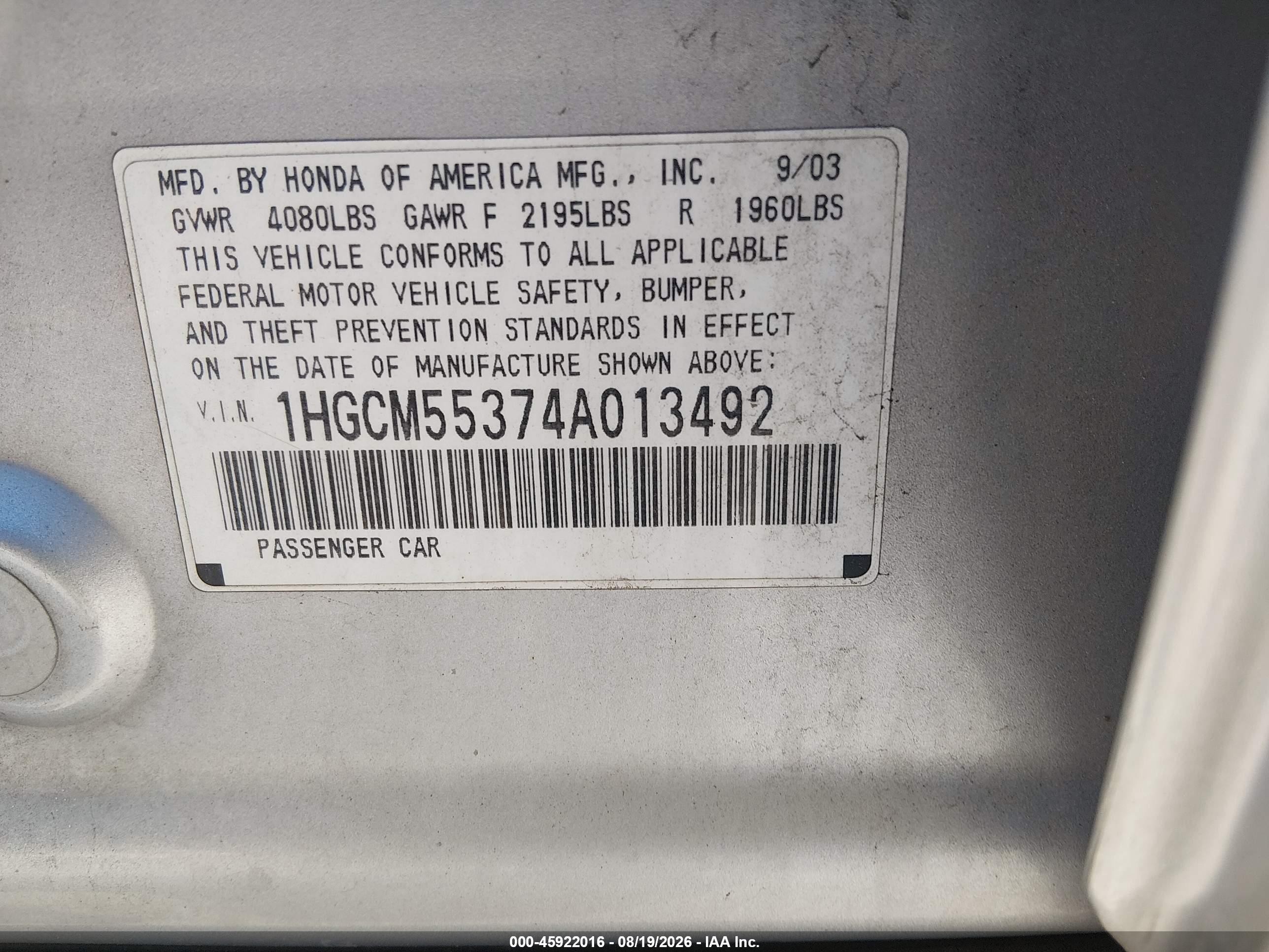 2004 Honda Accord 2.4 Lx Серебряный vin: 1HGCM55374A013492