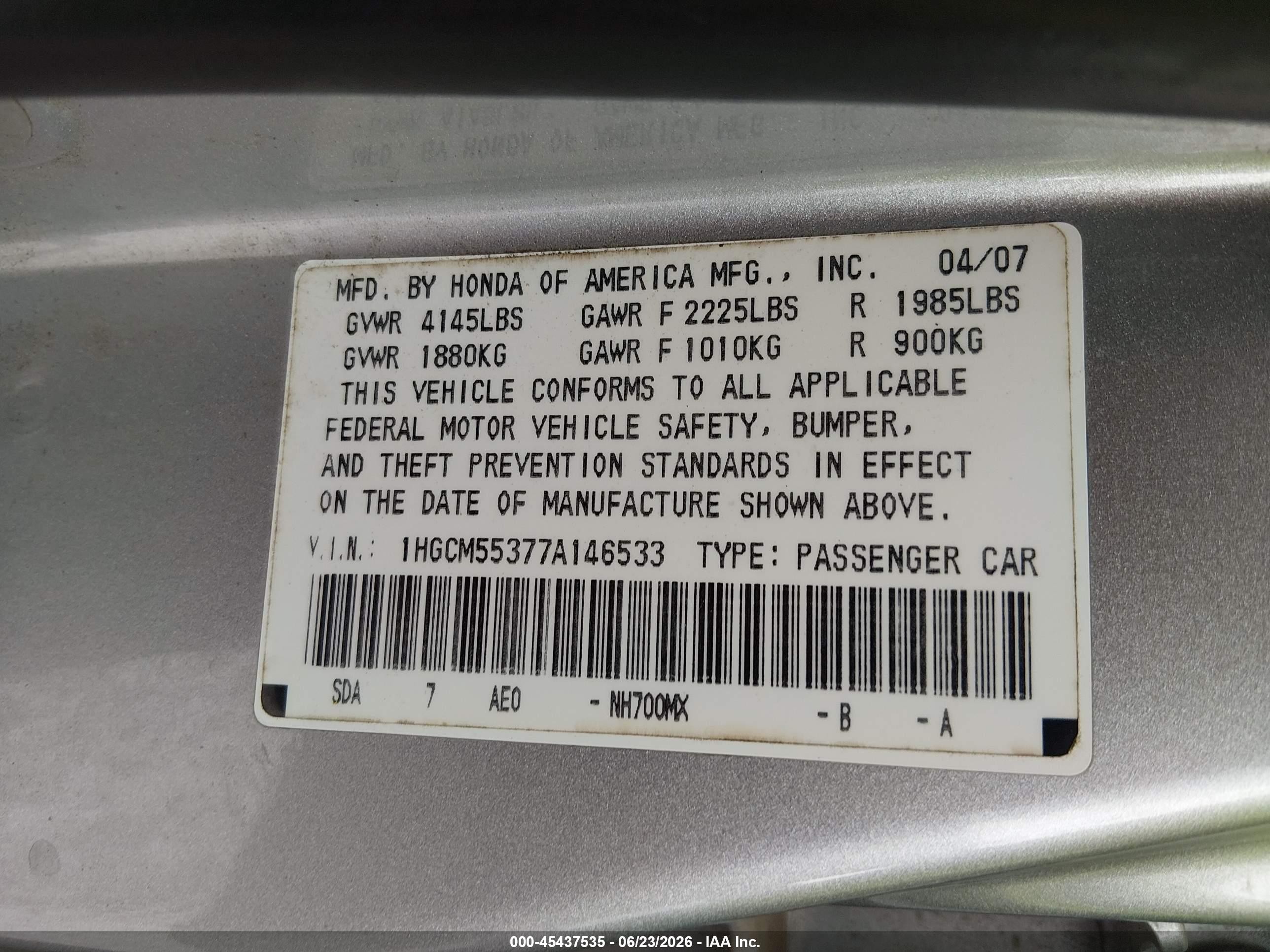 2007 Honda Accord 2.4 Se Silver vin: 1HGCM55377A146533