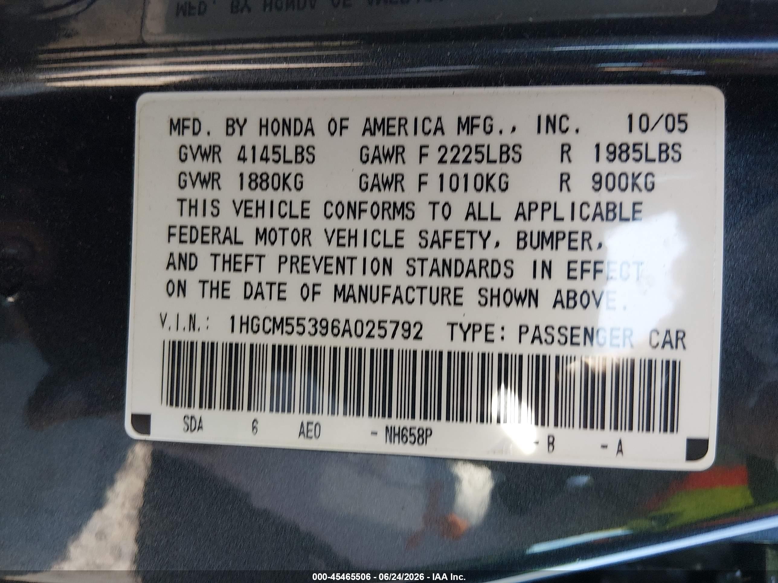 2006 Honda Accord 2.4 Se Gray vin: 1HGCM55396A025792