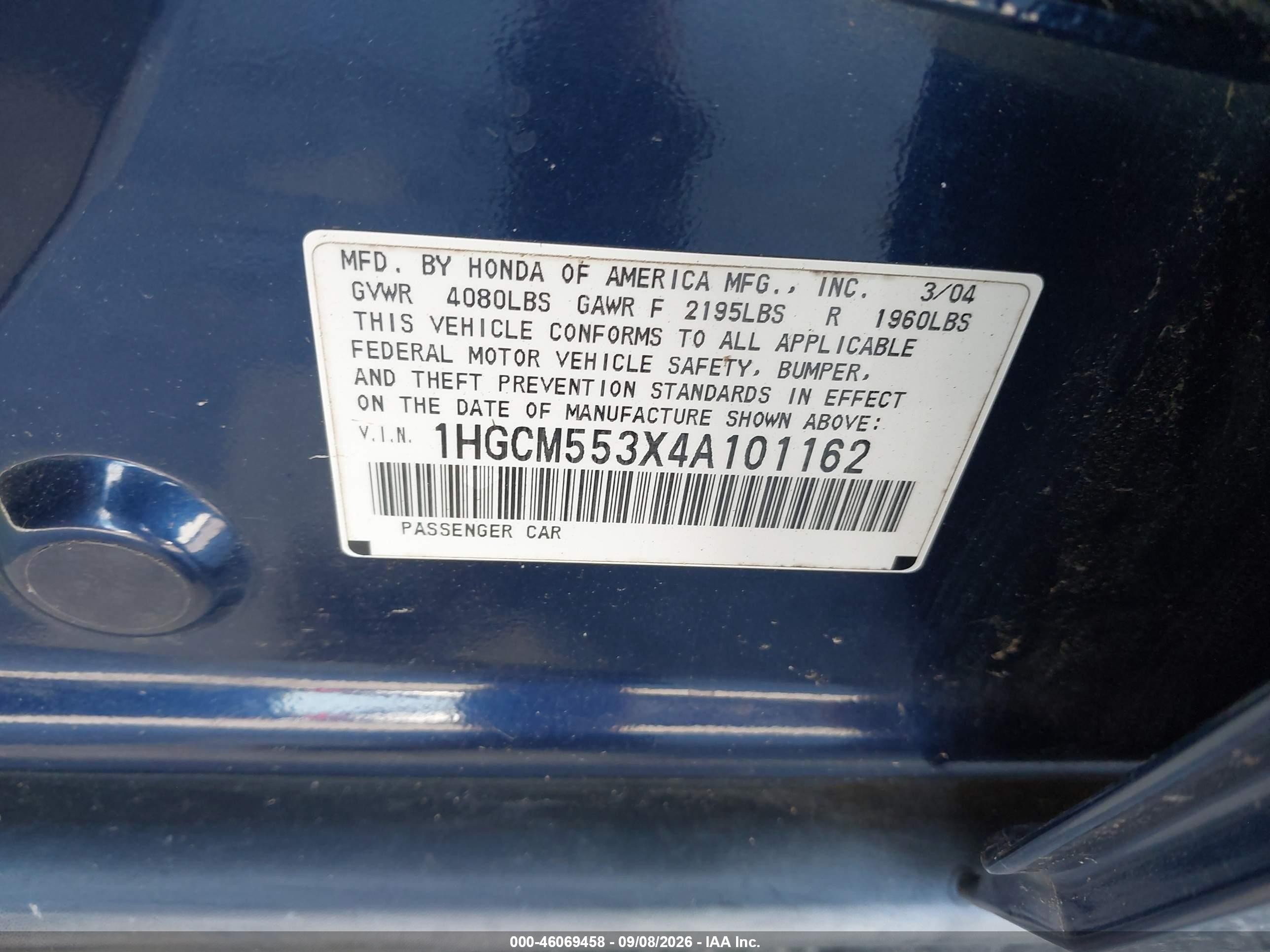 2004 Honda Accord 2.4 Lx Синий vin: 1HGCM553X4A101162