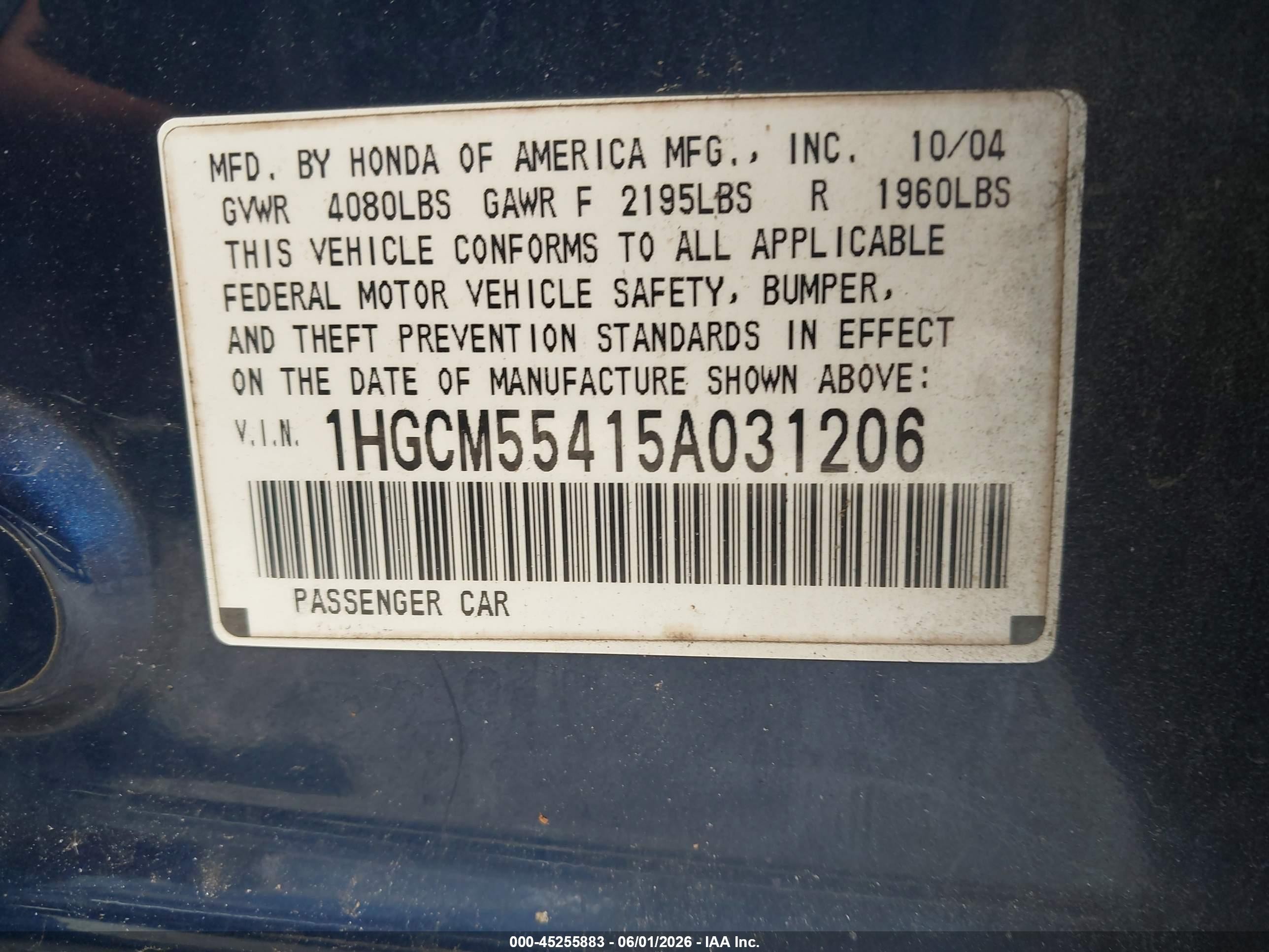 2005 Honda Accord 2.4 Lx Черный vin: 1HGCM55415A031206