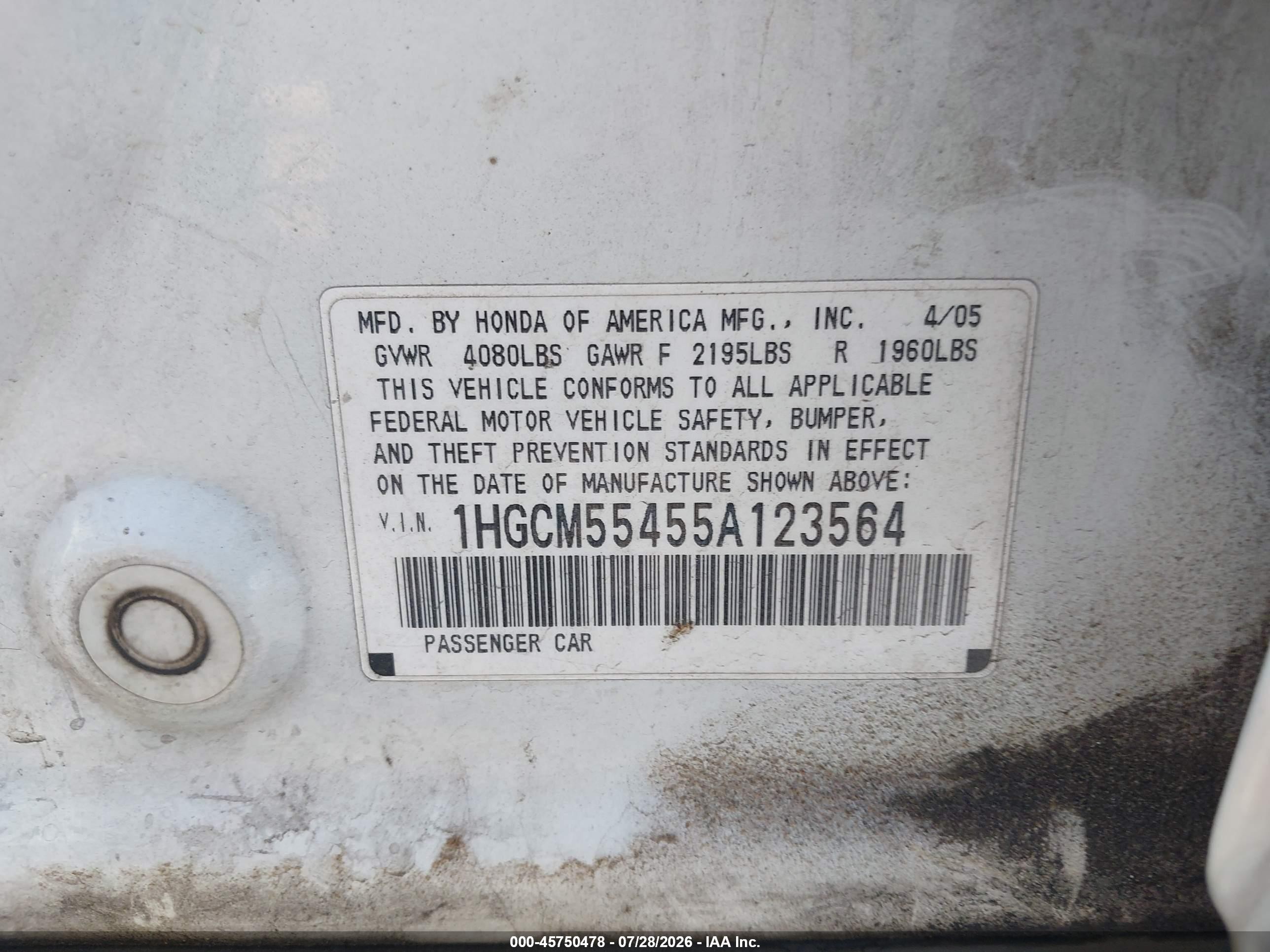 2005 Honda Accord 2.4 Lx White vin: 1HGCM55455A123564