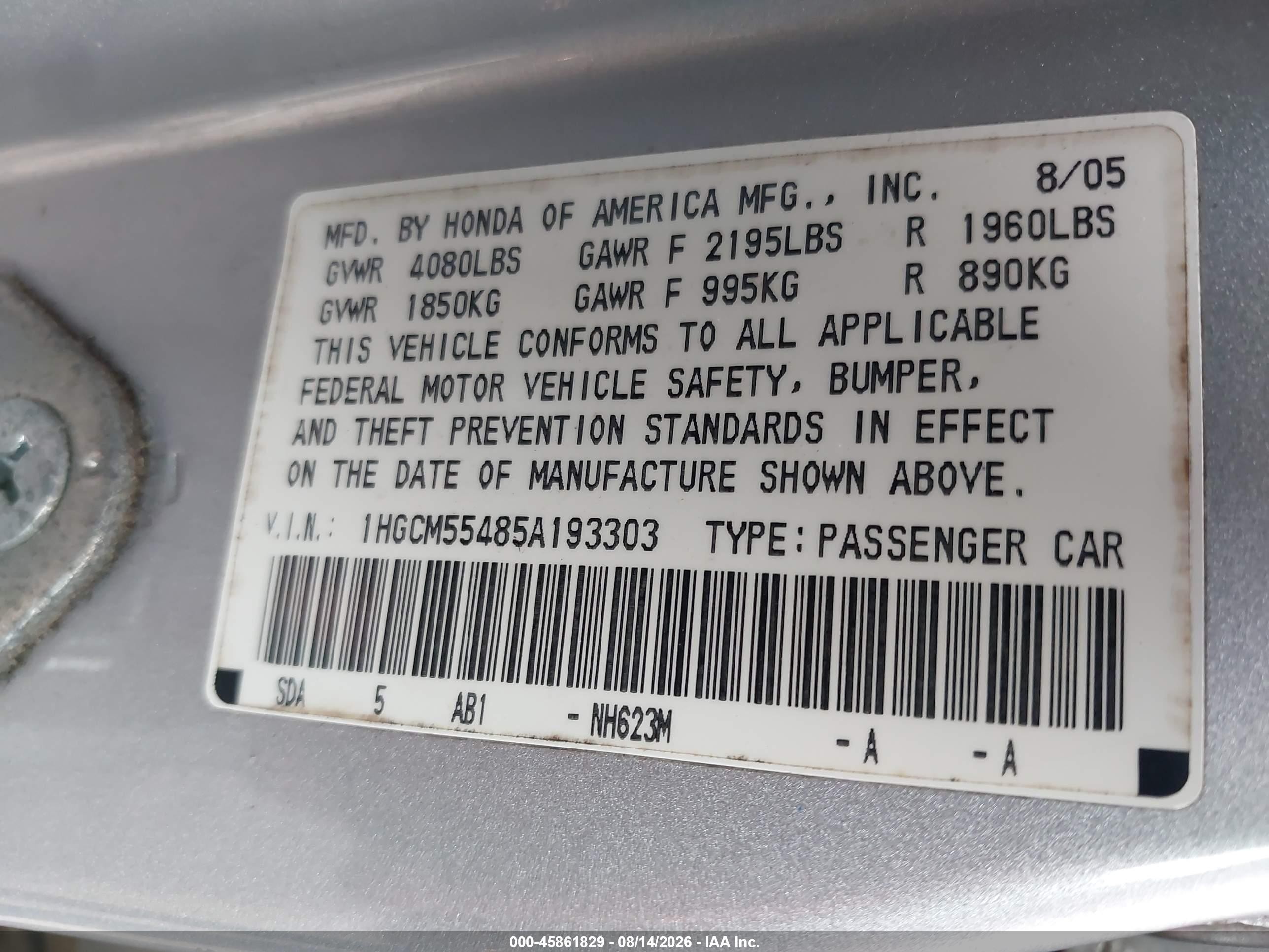 2005 Honda Accord 2.4 Lx Серебряный vin: 1HGCM55485A193303