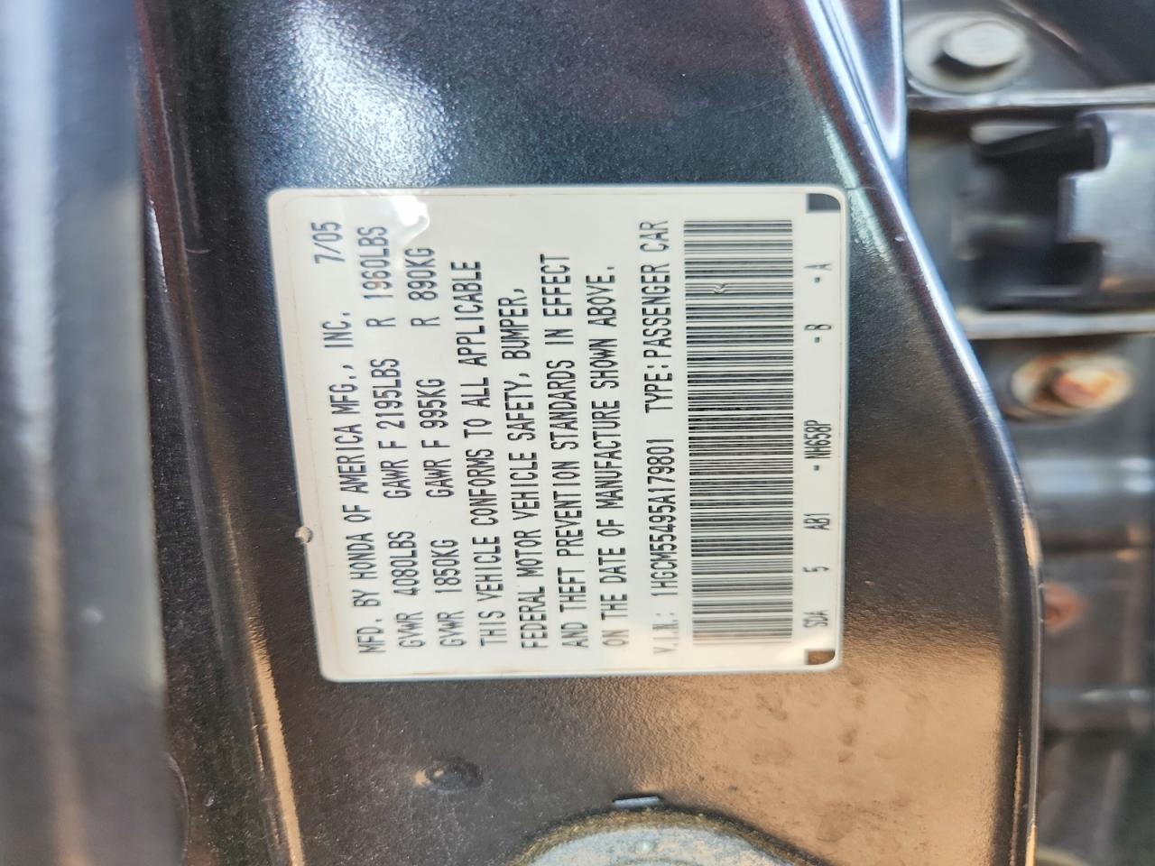 2005 Honda Accord Lx Blue vin: 1HGCM55495A179801