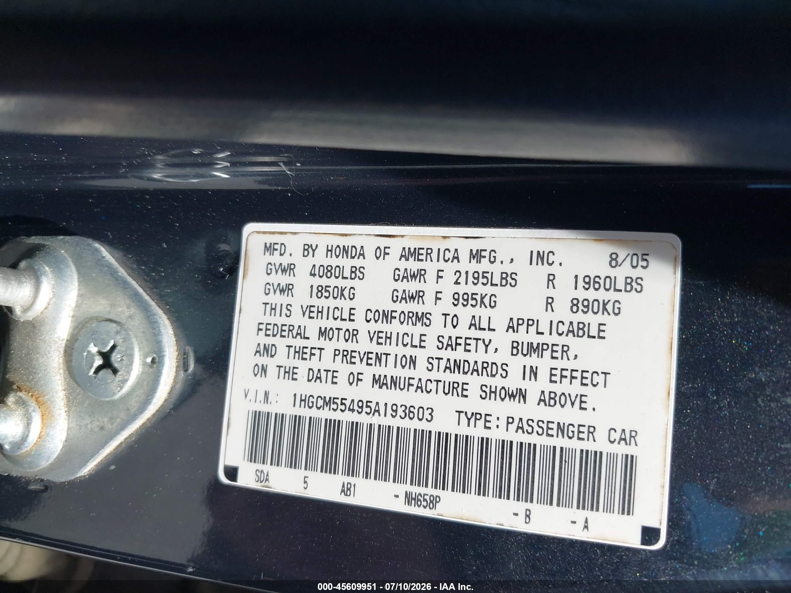 2005 Honda Accord 2.4 Lx Gray vin: 1HGCM55495A193603