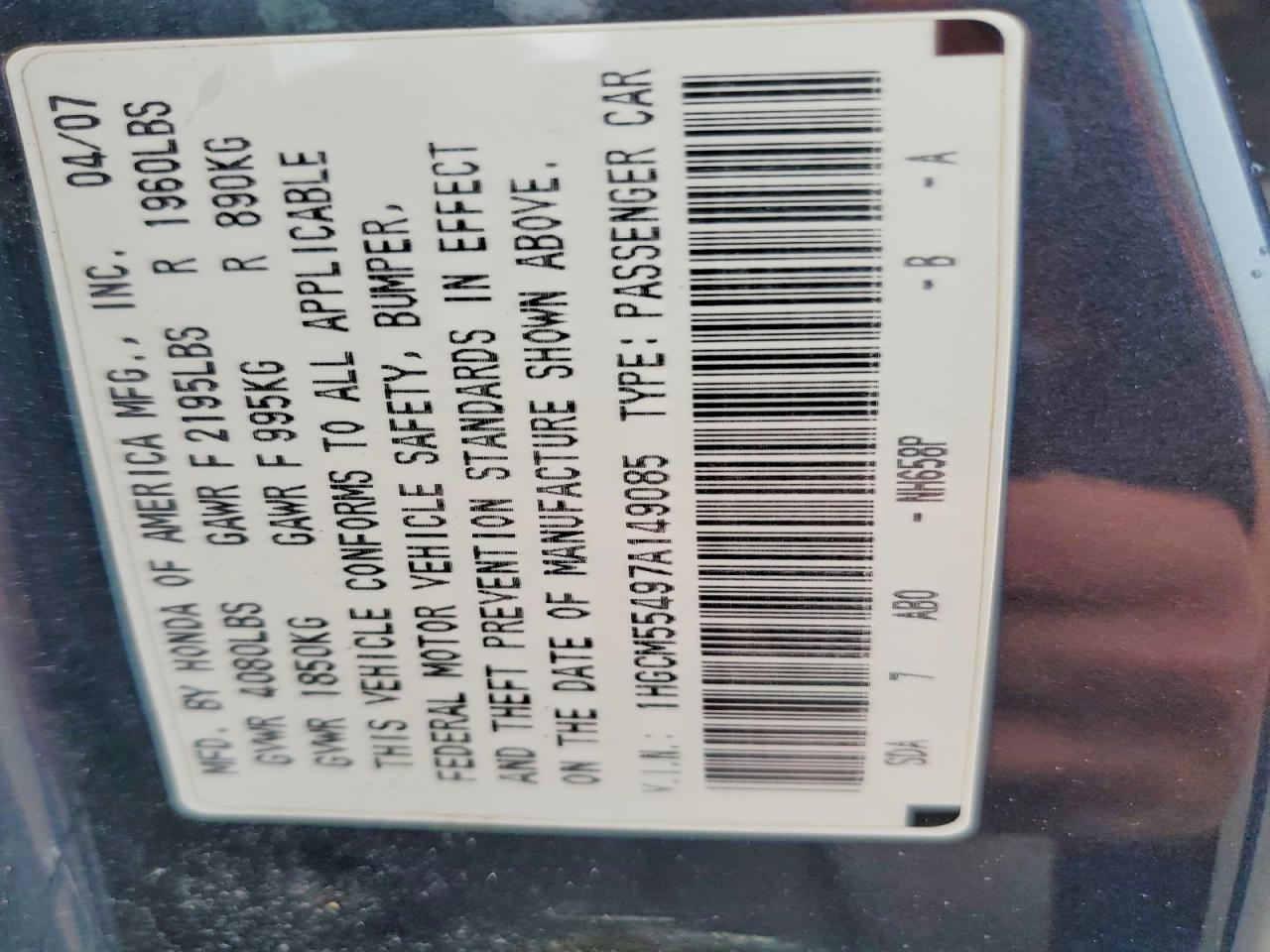 2007 Honda Accord Lx Blue vin: 1HGCM55497A149085