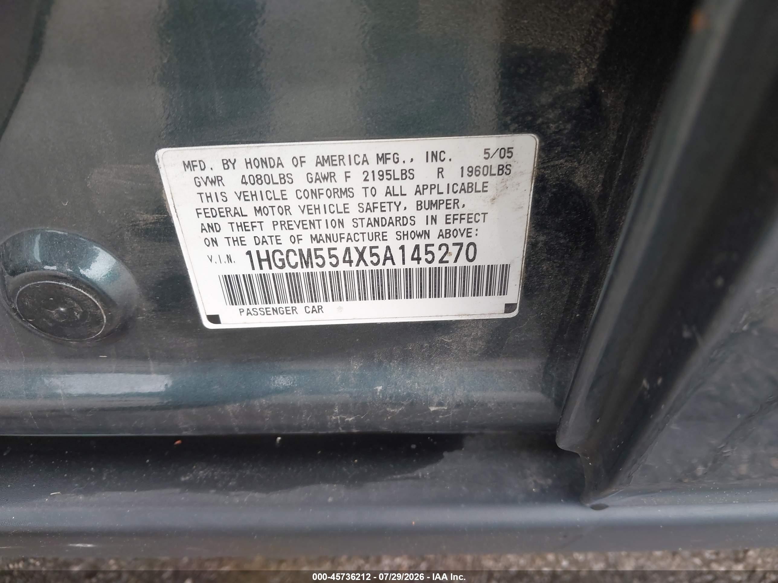 2005 Honda Accord 2.4 Lx Green vin: 1HGCM554X5A145270