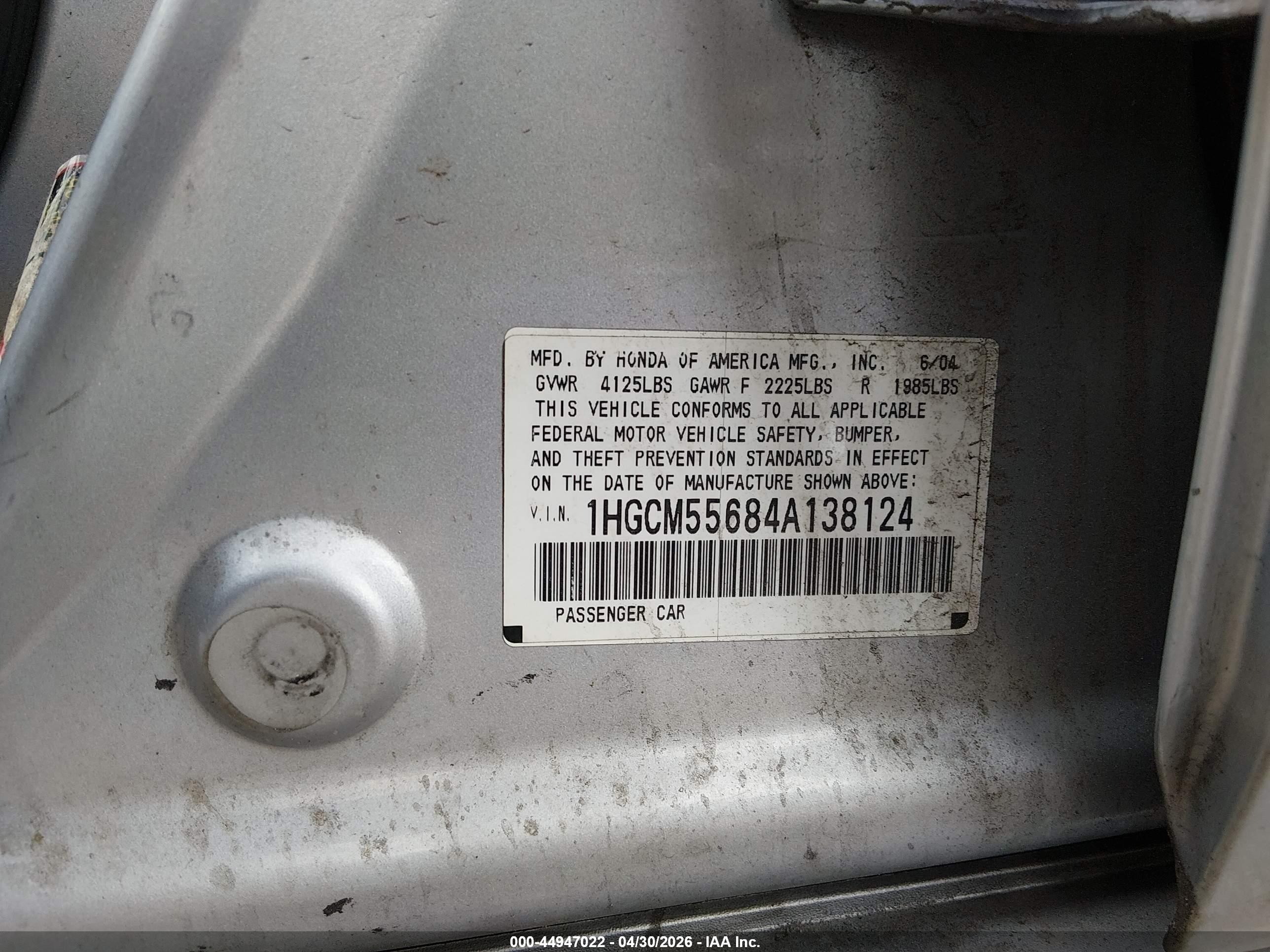 2004 Honda Accord 2.4 Ex Серебряный vin: 1HGCM55684A138124
