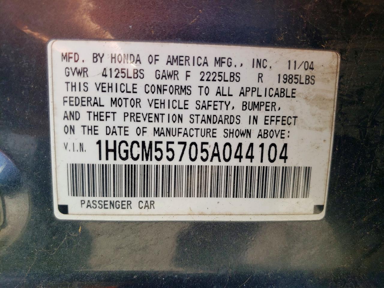 2005 Honda Accord Ex Blue vin: 1HGCM55705A044104