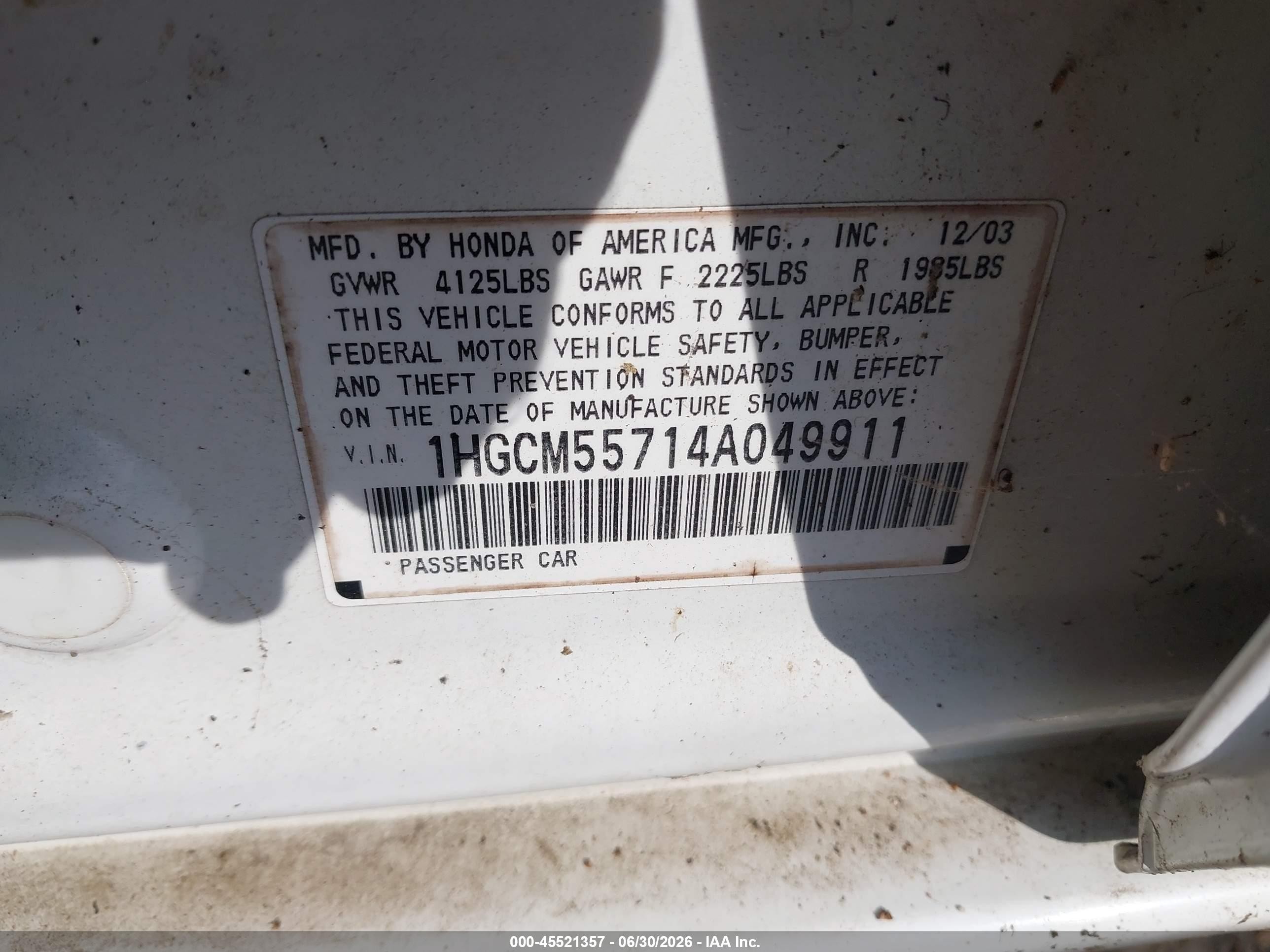 2004 Honda Accord 2.4 Ex White vin: 1HGCM55714A049911