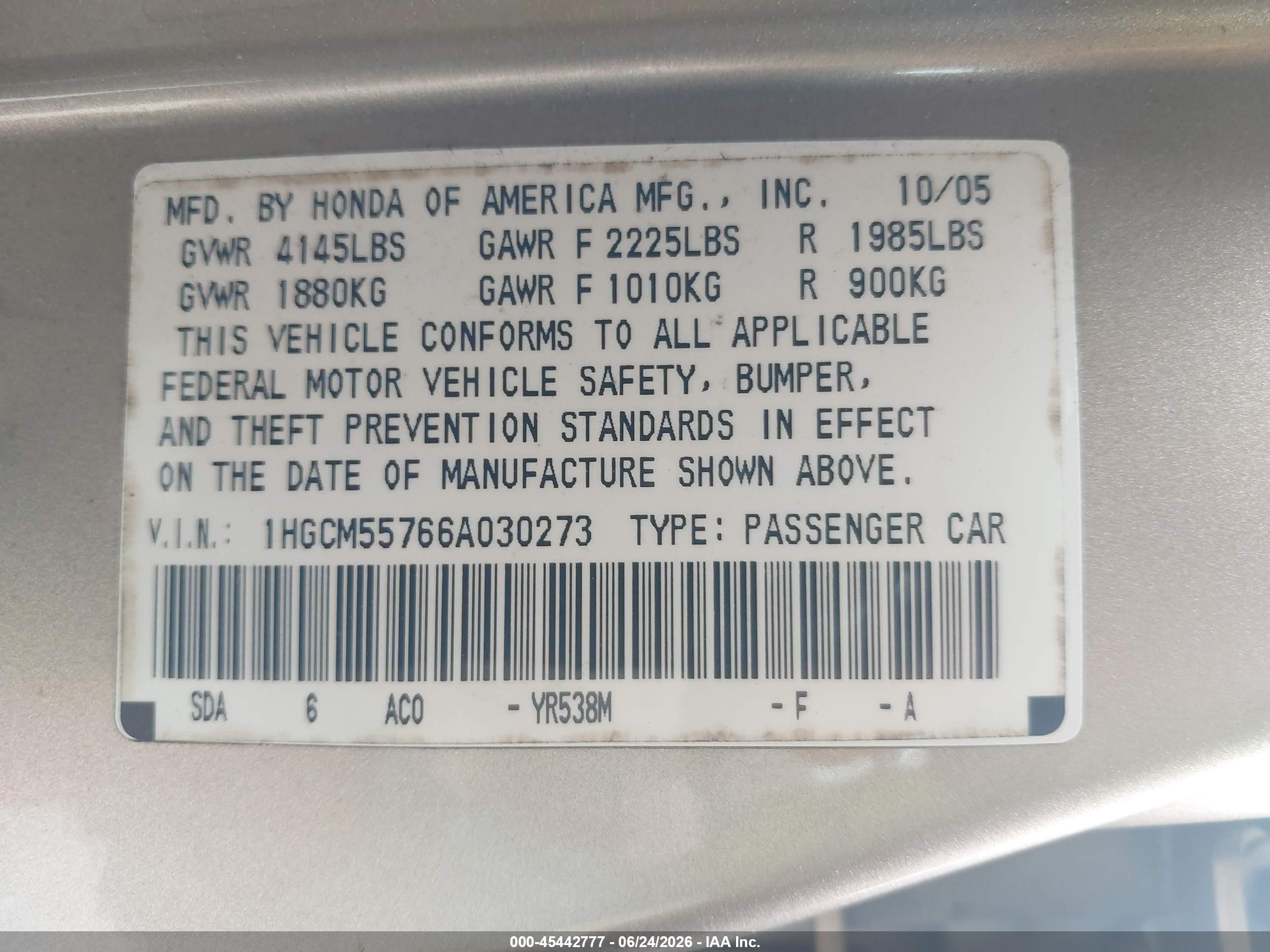 2006 Honda Accord 2.4 Ex Gold vin: 1HGCM55766A030273