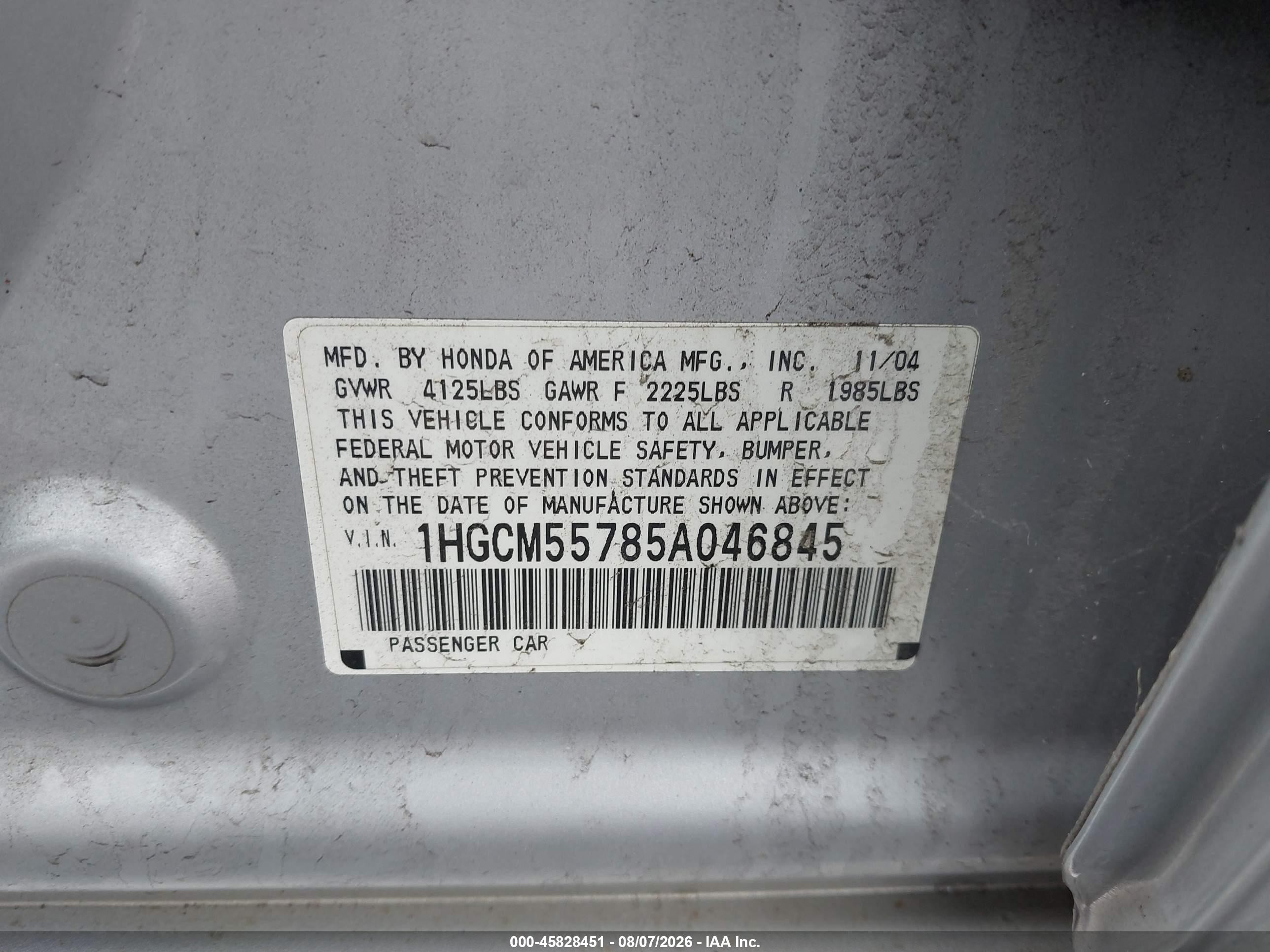 2005 Honda Accord 2.4 Ex Silver vin: 1HGCM55785A046845