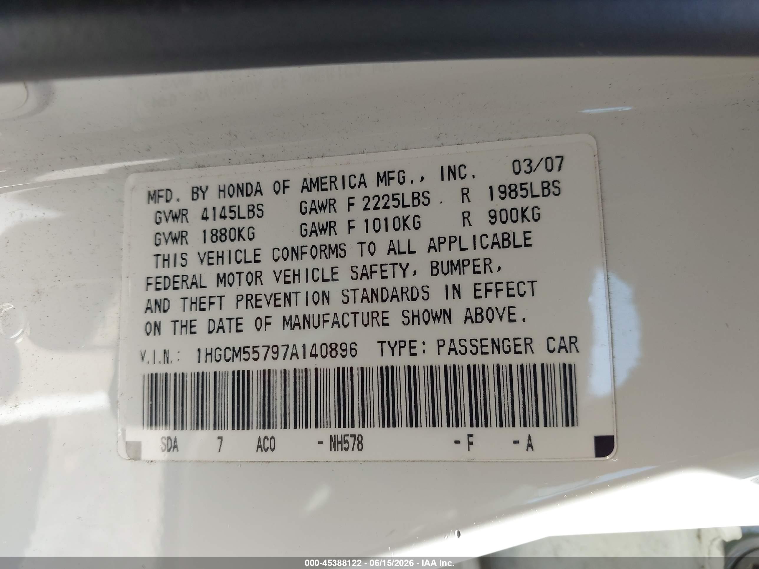 2007 Honda Accord 2.4 Ex White vin: 1HGCM55797A140896