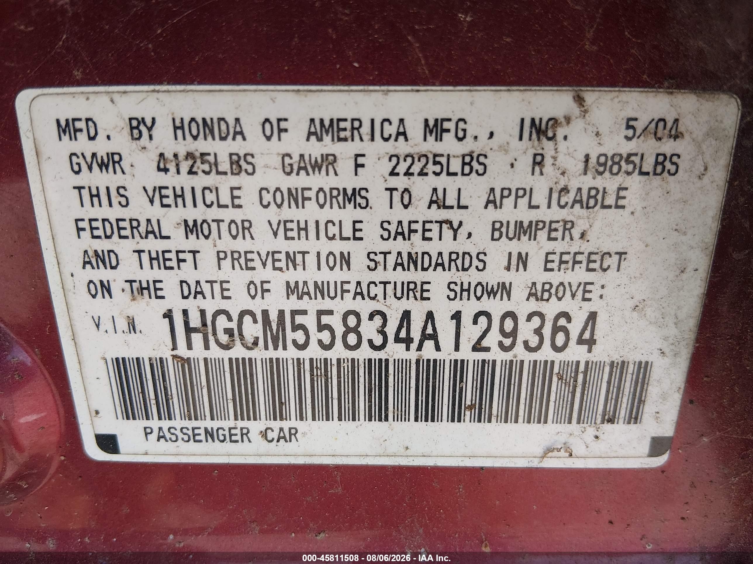 2004 Honda Accord 2.4 Ex Maroon vin: 1HGCM55834A129364