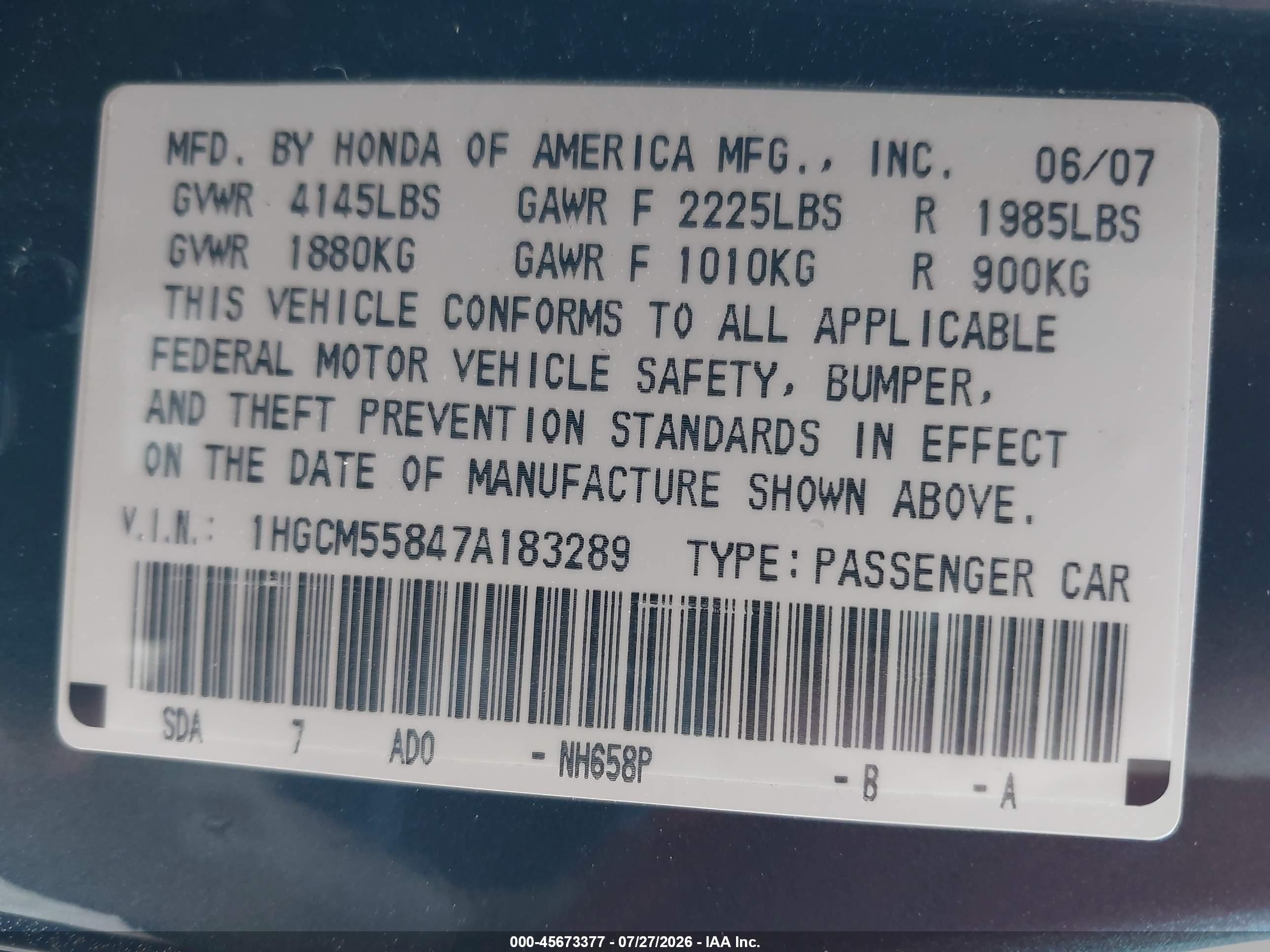 2007 Honda Accord 2.4 Ex Gray vin: 1HGCM55847A183289
