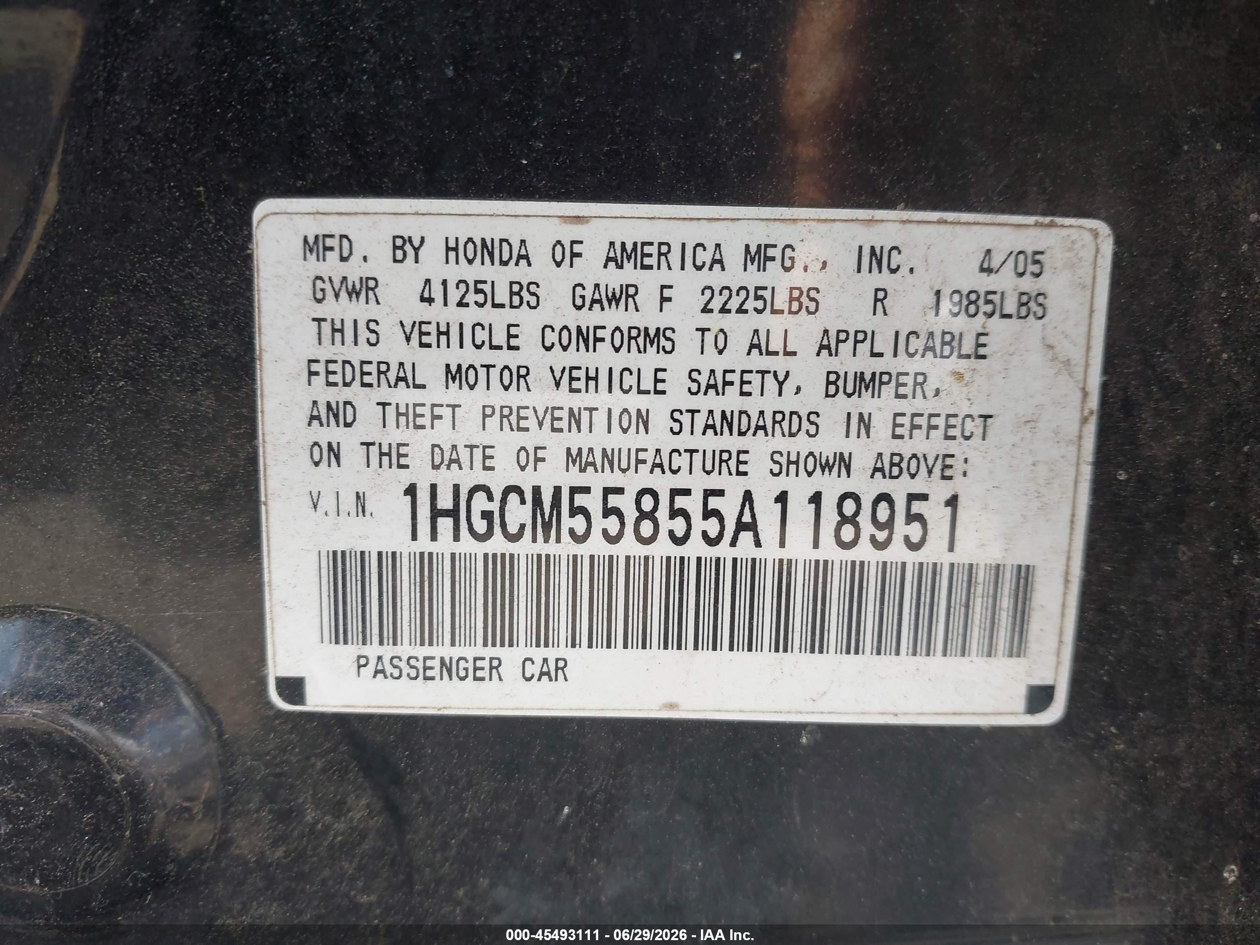 2005 Honda Accord 2.4 Ex Black vin: 1HGCM55855A118951