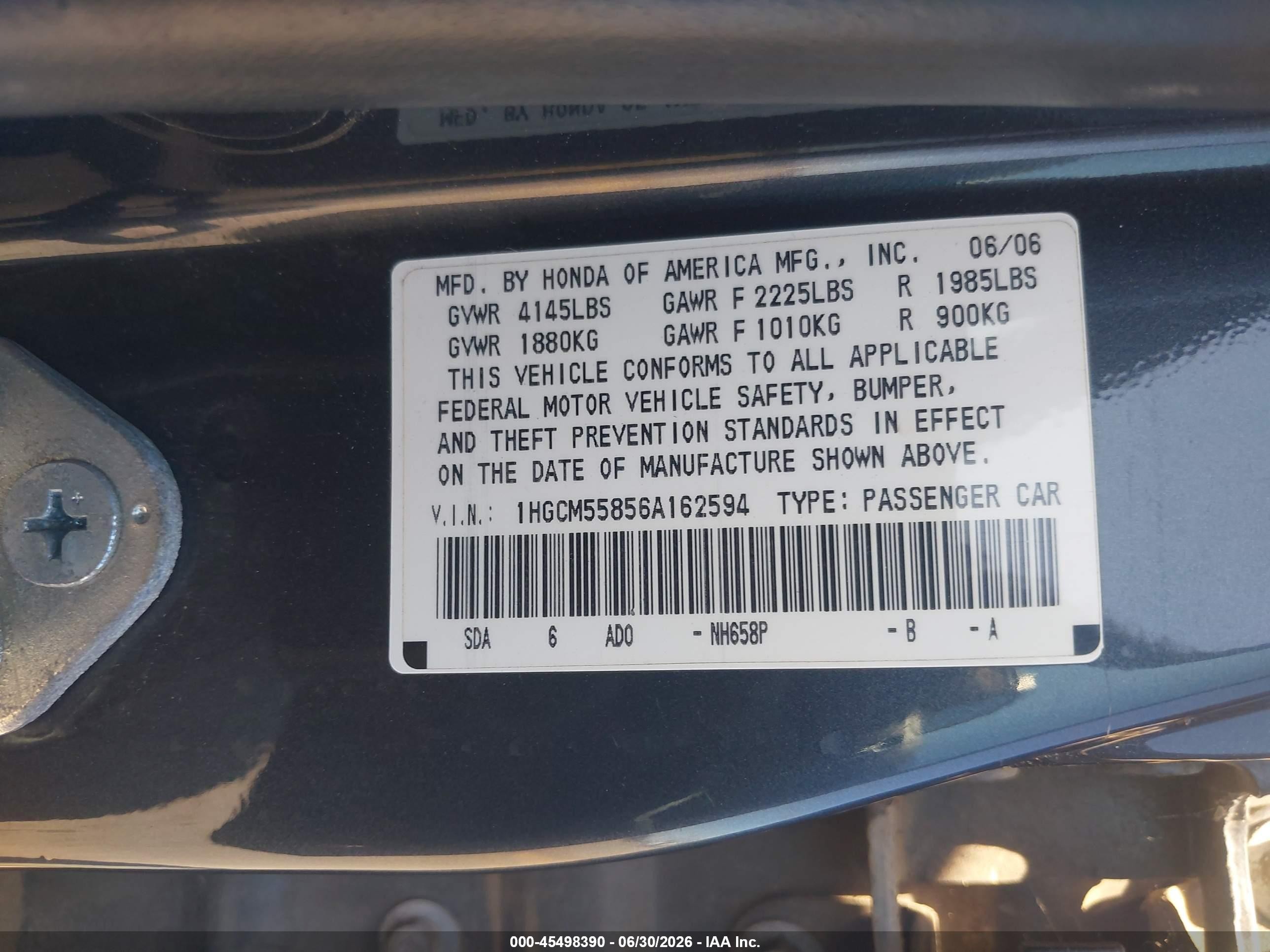 2006 Honda Accord 2.4 Ex Blue vin: 1HGCM55856A162594