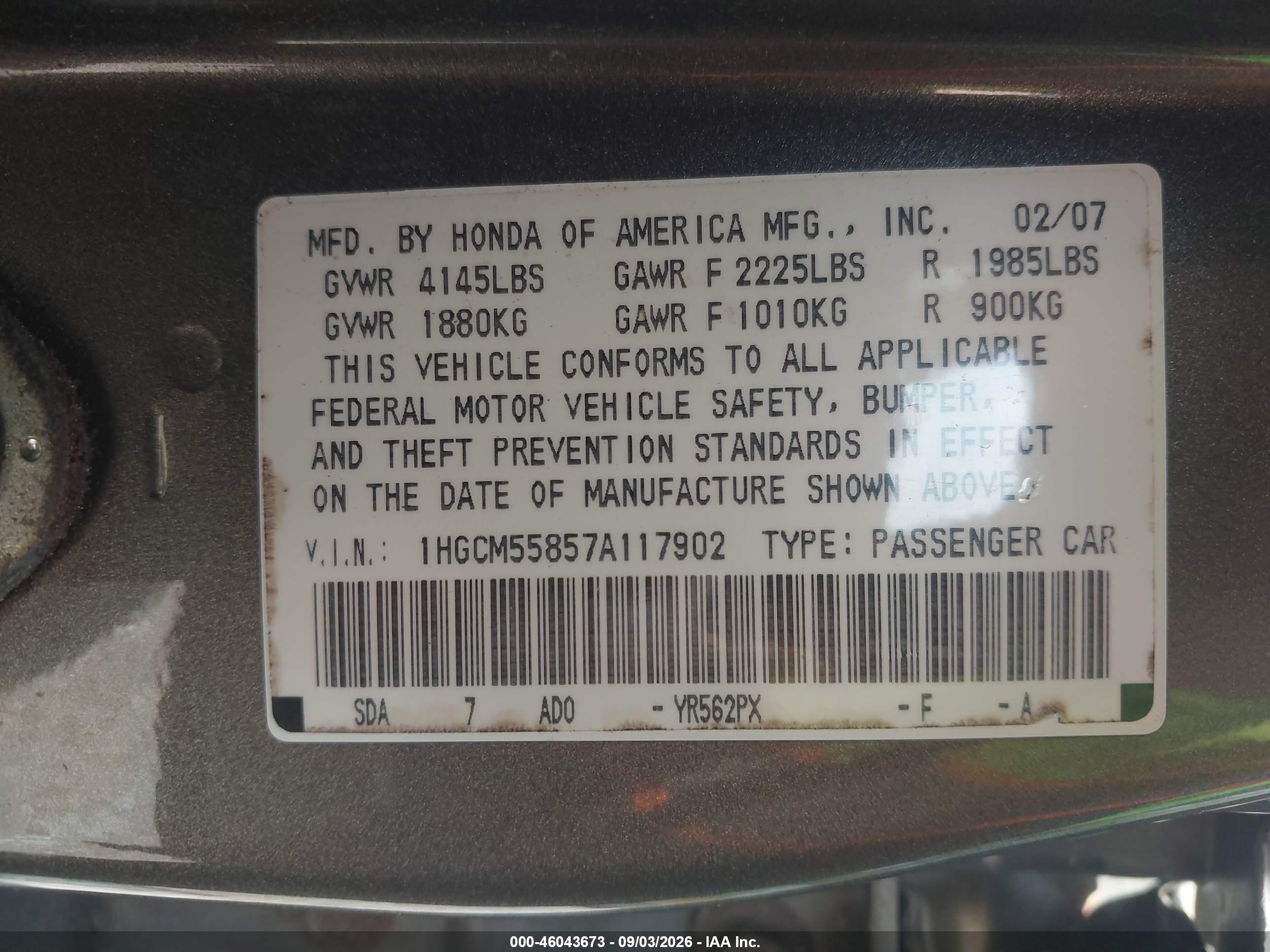 2007 Honda Accord 2.4 Ex Коричневый vin: 1HGCM55857A117902