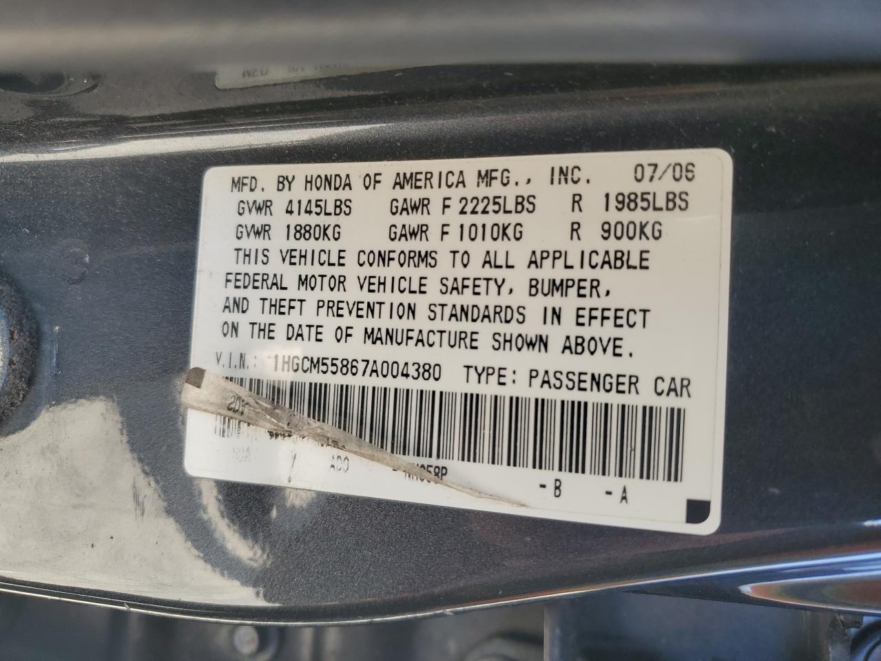 2007 Honda Accord Ex Gray vin: 1HGCM55867A004380
