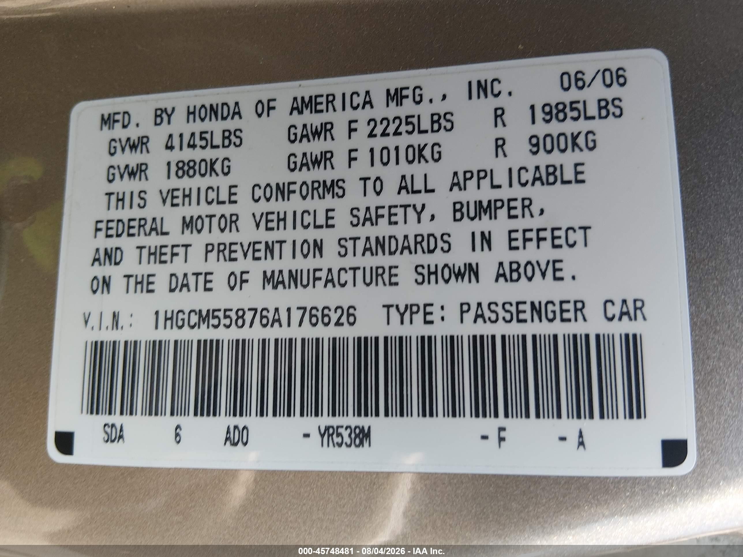 2006 Honda Accord 2.4 Ex Gold vin: 1HGCM55876A176626