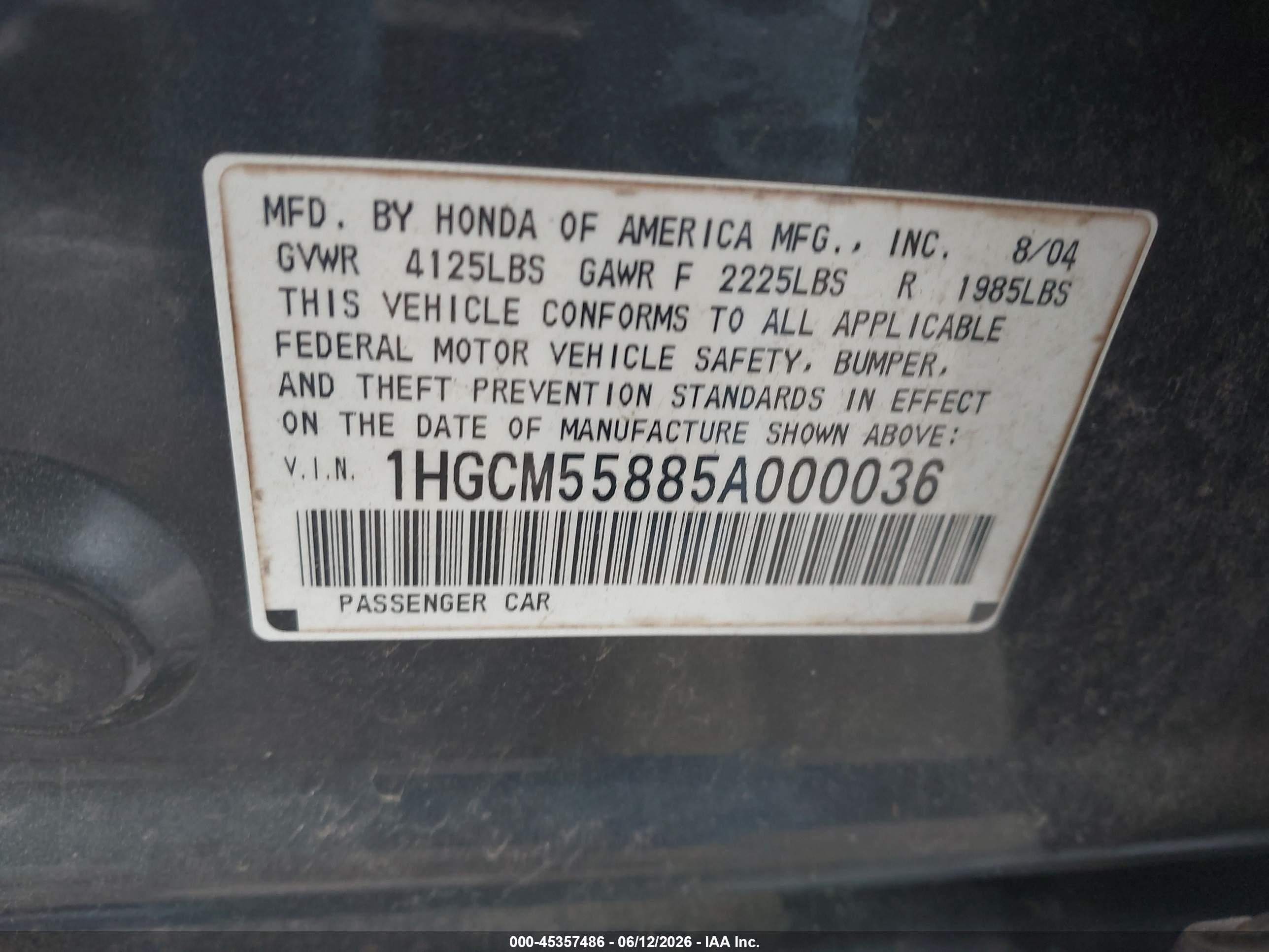 2005 Honda Accord 2.4 Ex Gray vin: 1HGCM55885A000036