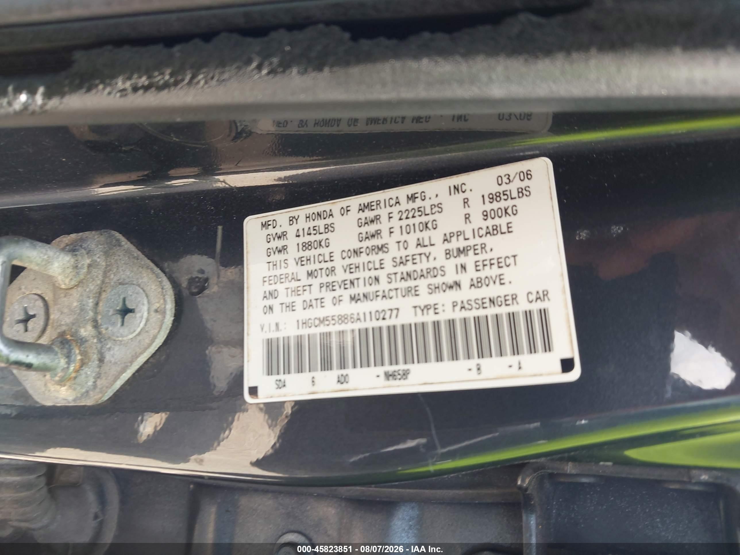 2006 Honda Accord 2.4 Ex Blue vin: 1HGCM55886A110277