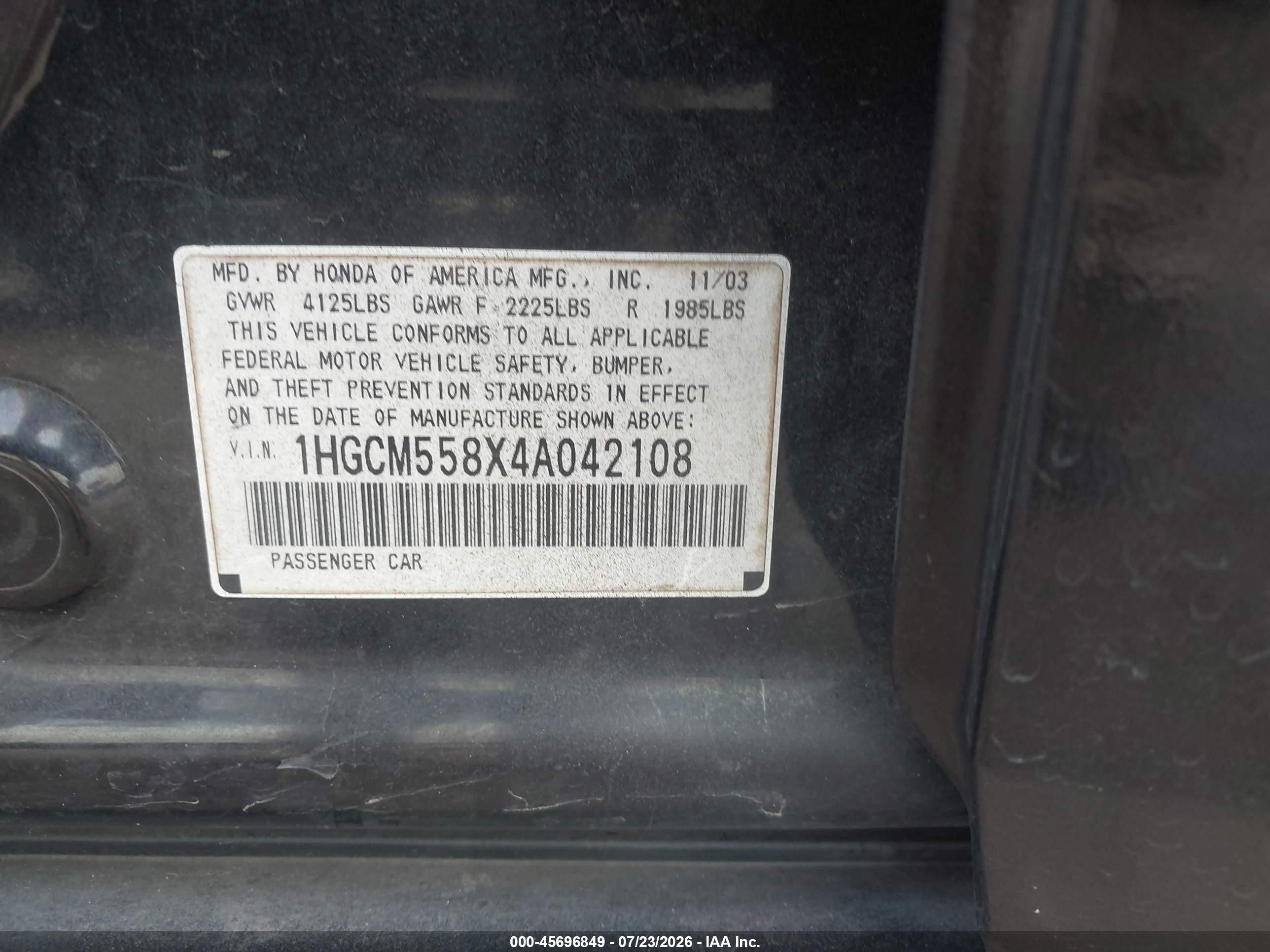 2004 Honda Accord 2.4 Ex Black vin: 1HGCM558X4A042108