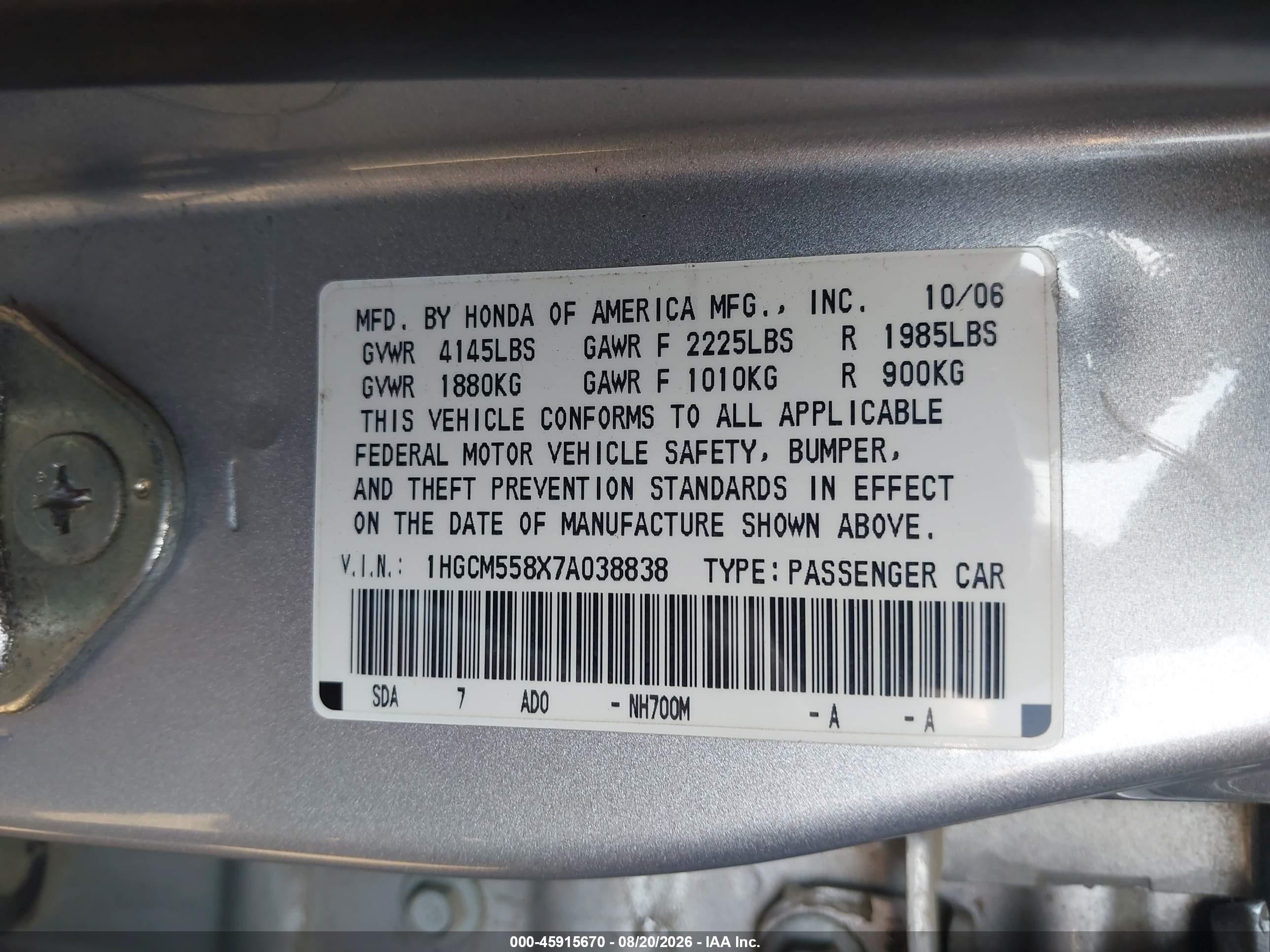 2007 Honda Accord 2.4 Ex Silver vin: 1HGCM558X7A038838