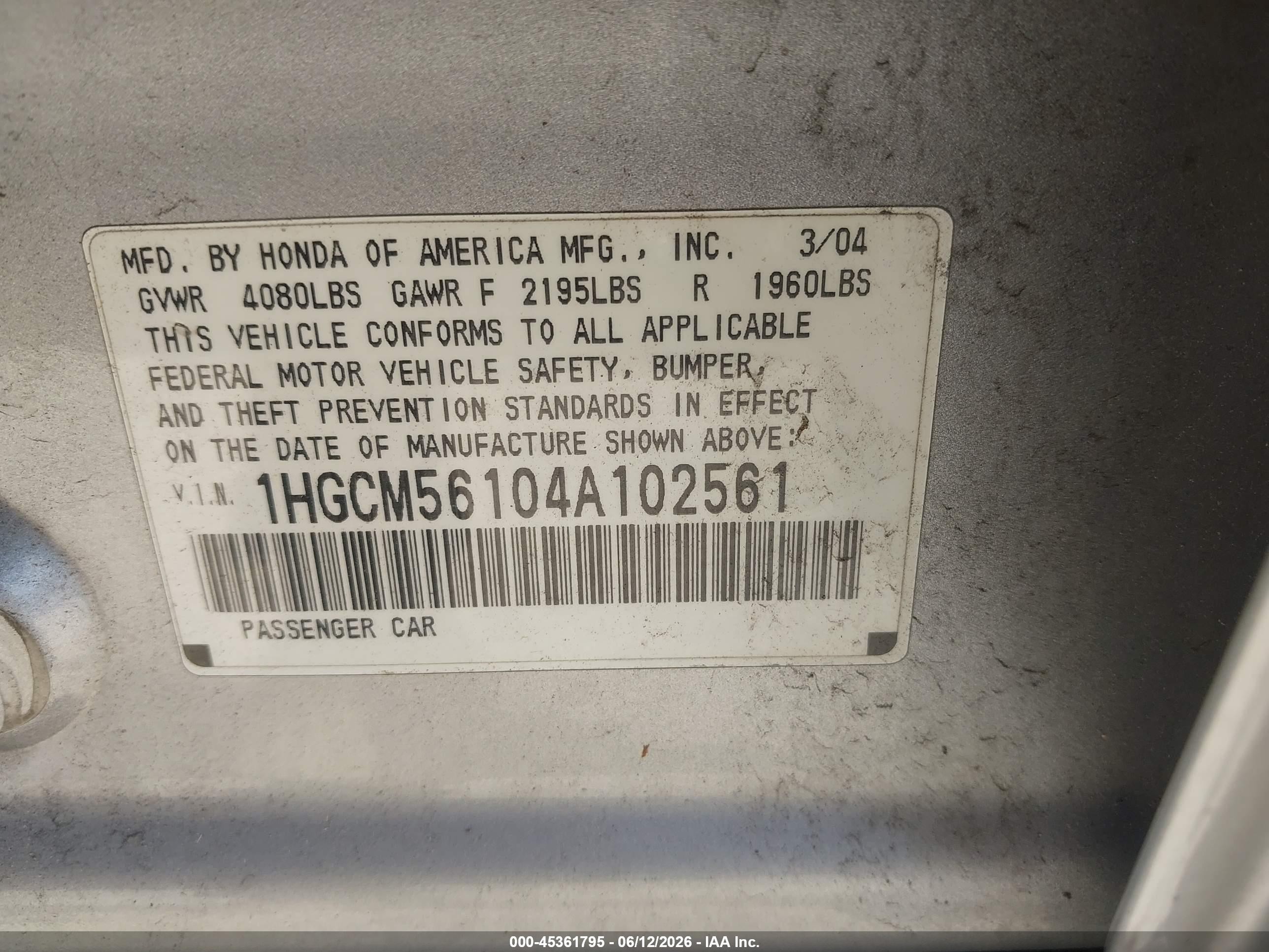 2004 Honda Accord 2.4 Dx Silver vin: 1HGCM56104A102561