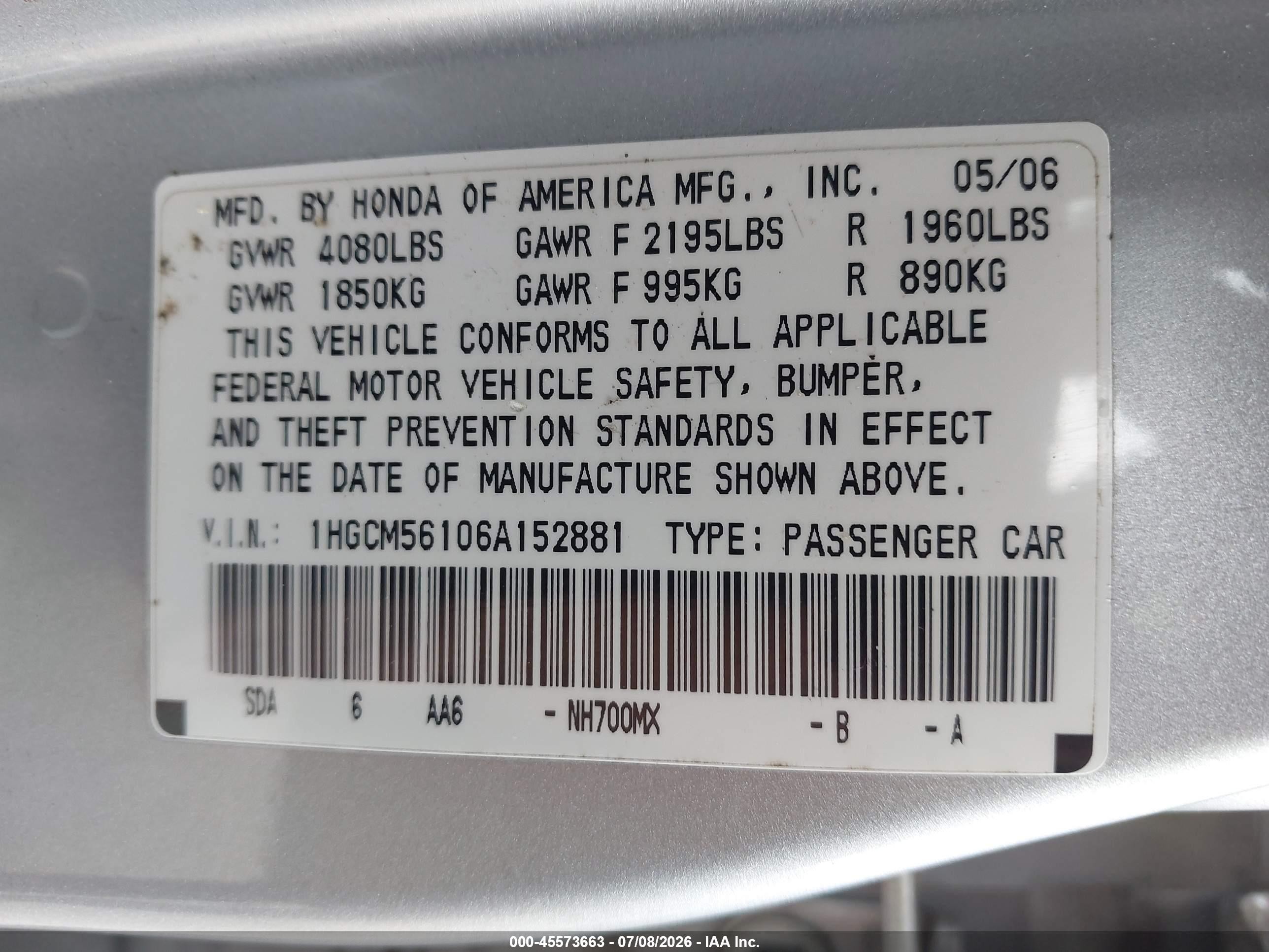 2006 Honda Accord 2.4 Vp Silver vin: 1HGCM56106A152881