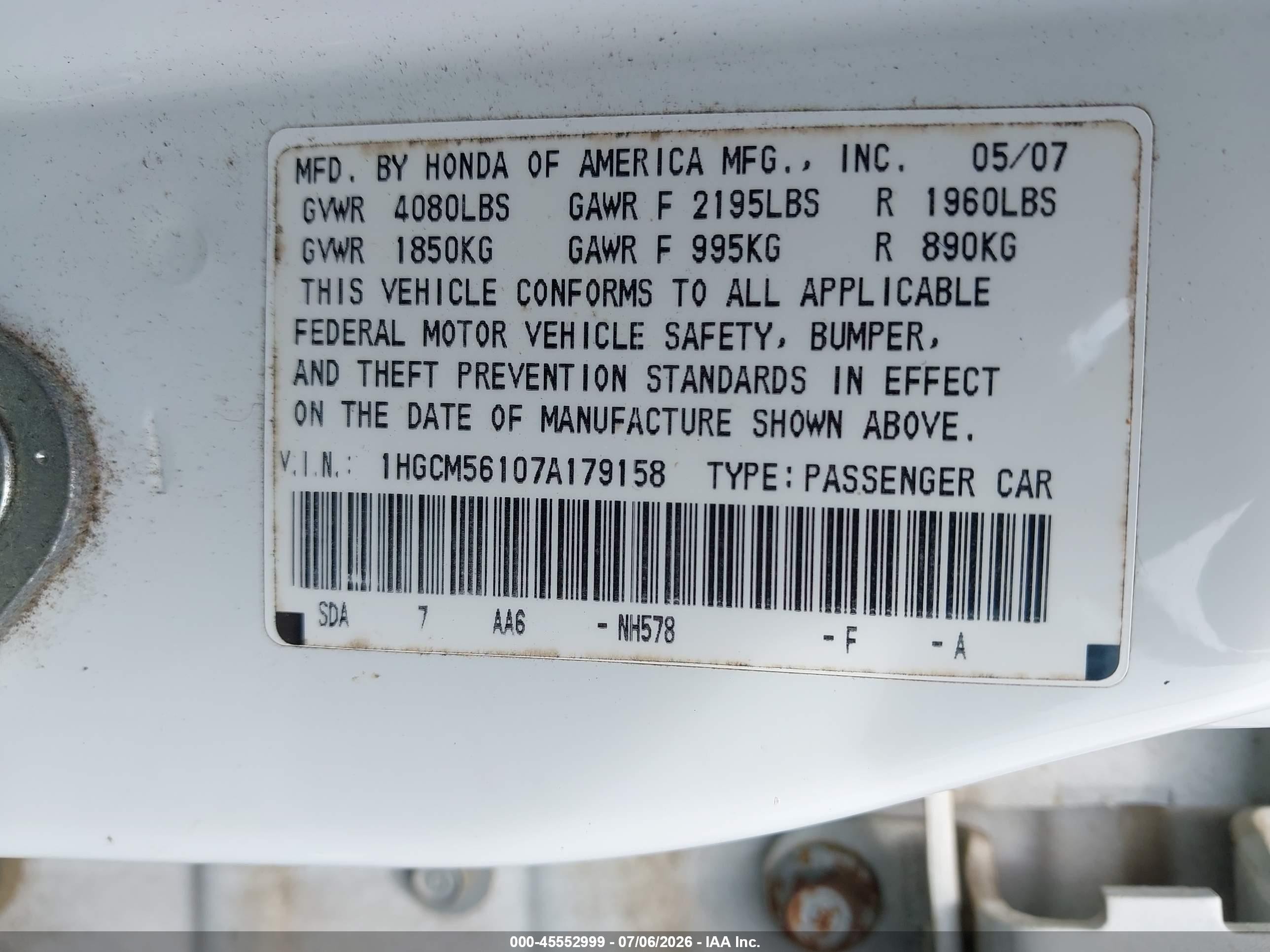 2007 Honda Accord 2.4 Vp White vin: 1HGCM56107A179158