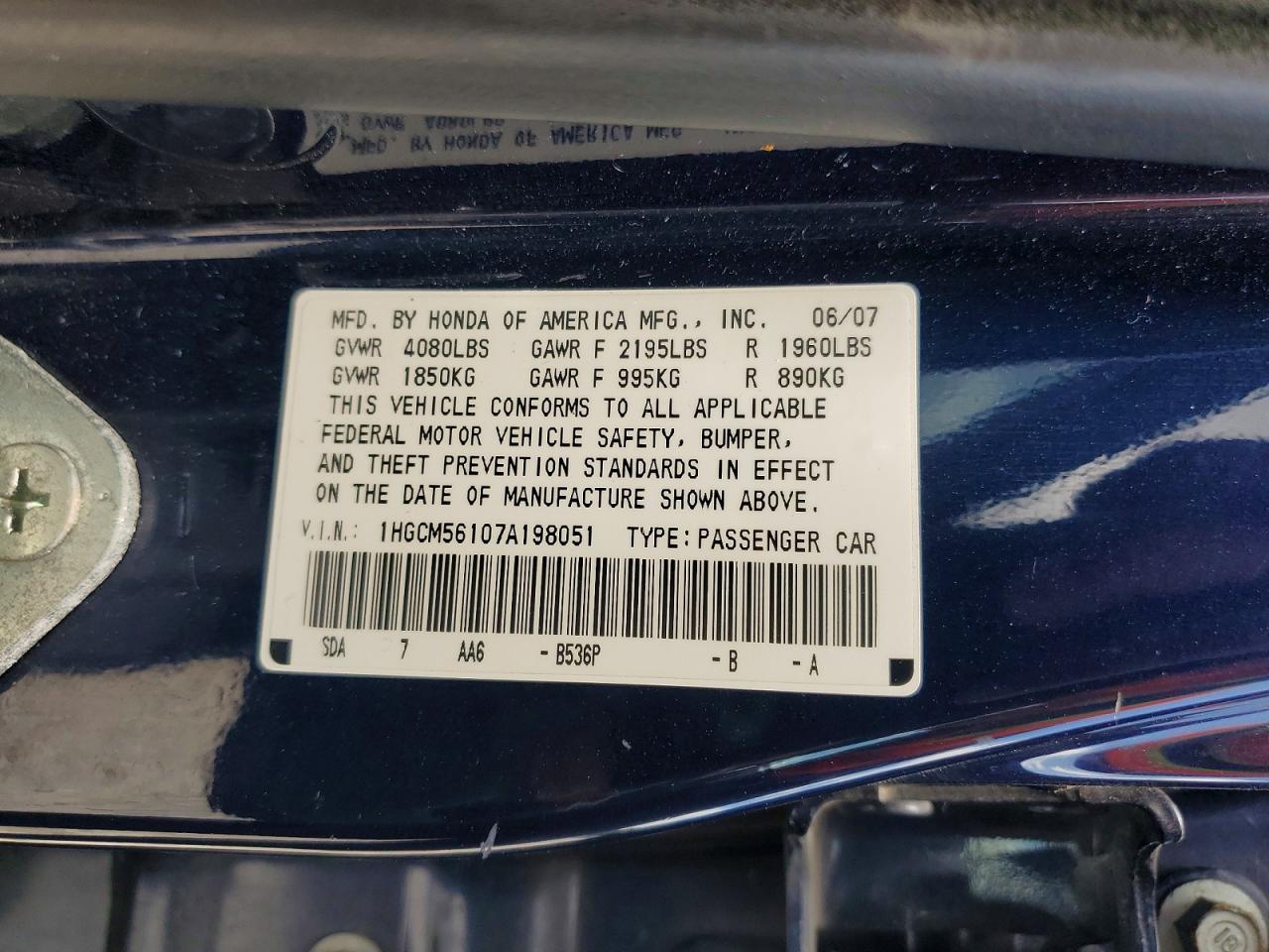 2007 Honda Accord Value Blue vin: 1HGCM56107A198051