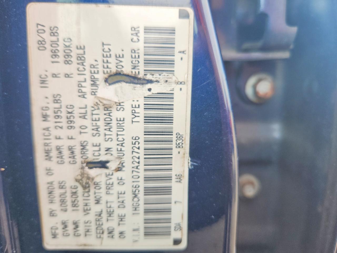 2007 Honda Accord Value Blue vin: 1HGCM56107A227256