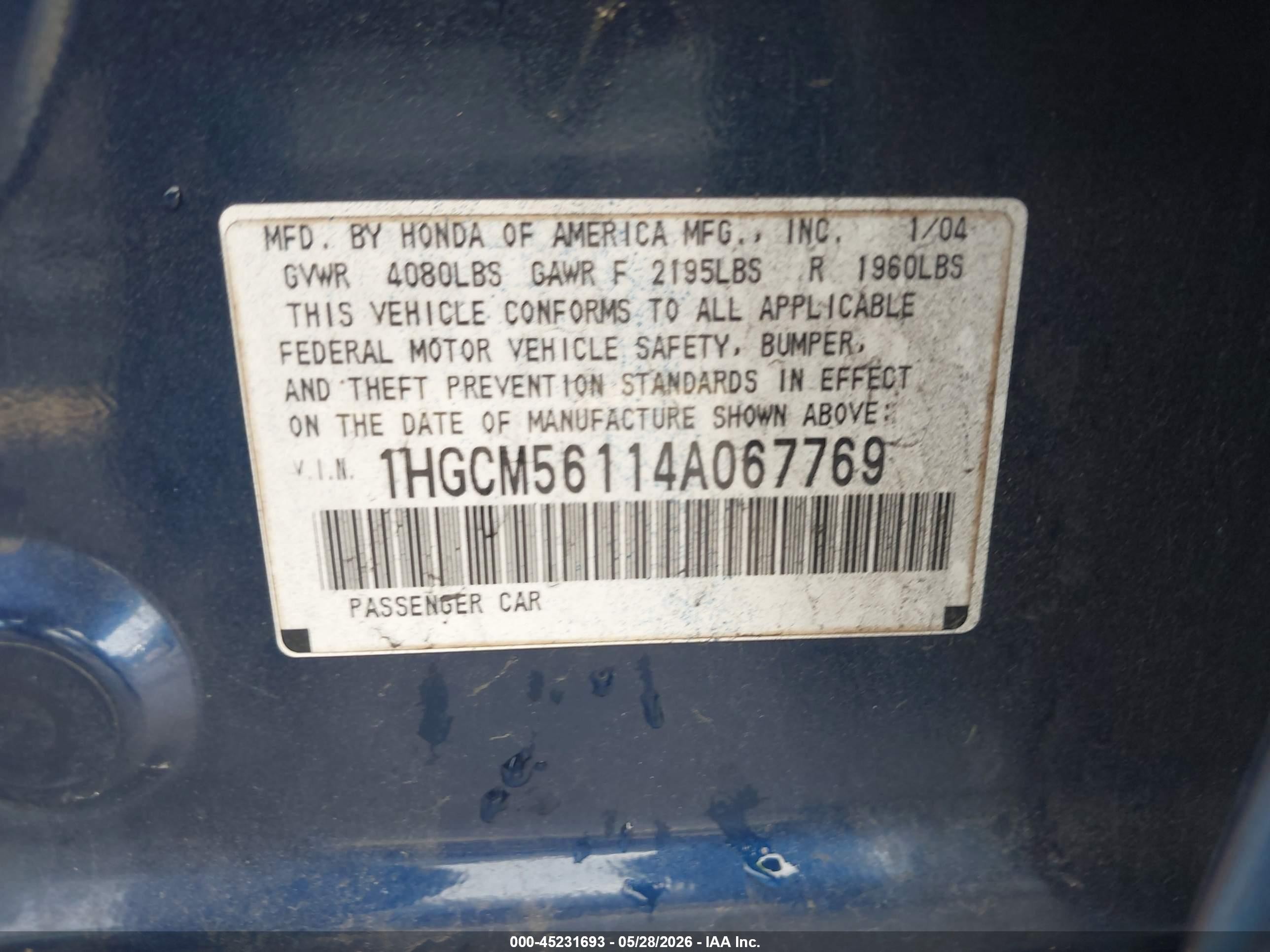 2004 Honda Accord 2.4 Dx Синий vin: 1HGCM56114A067769