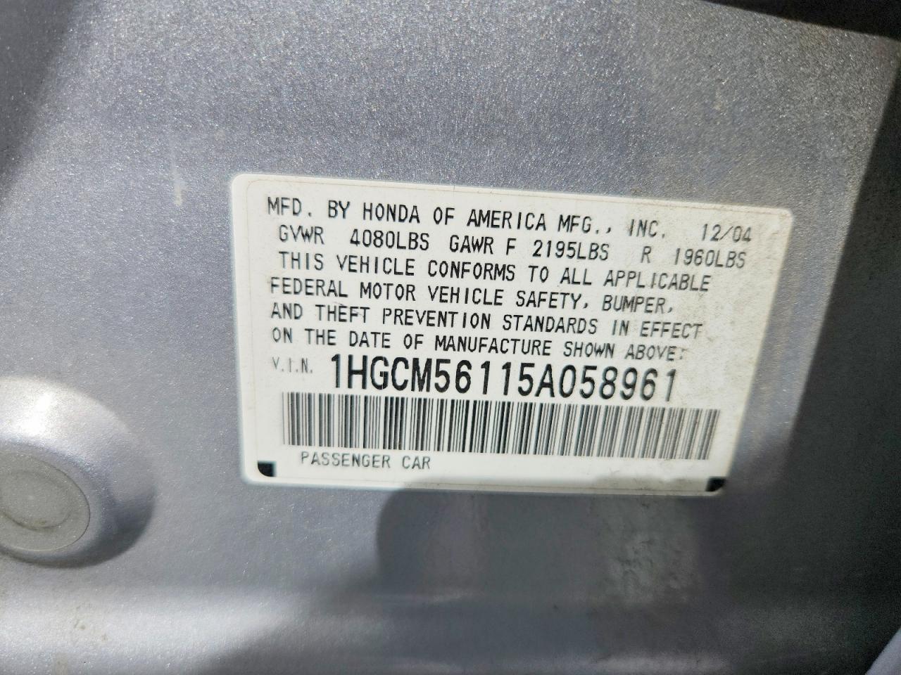 2005 Honda Accord Dx Silver vin: 1HGCM56115A058961