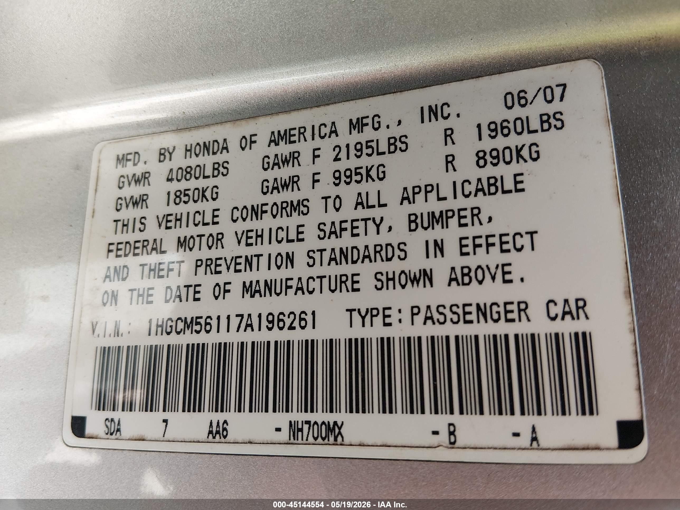 2007 Honda Accord 2.4 Vp Silver vin: 1HGCM56117A196261