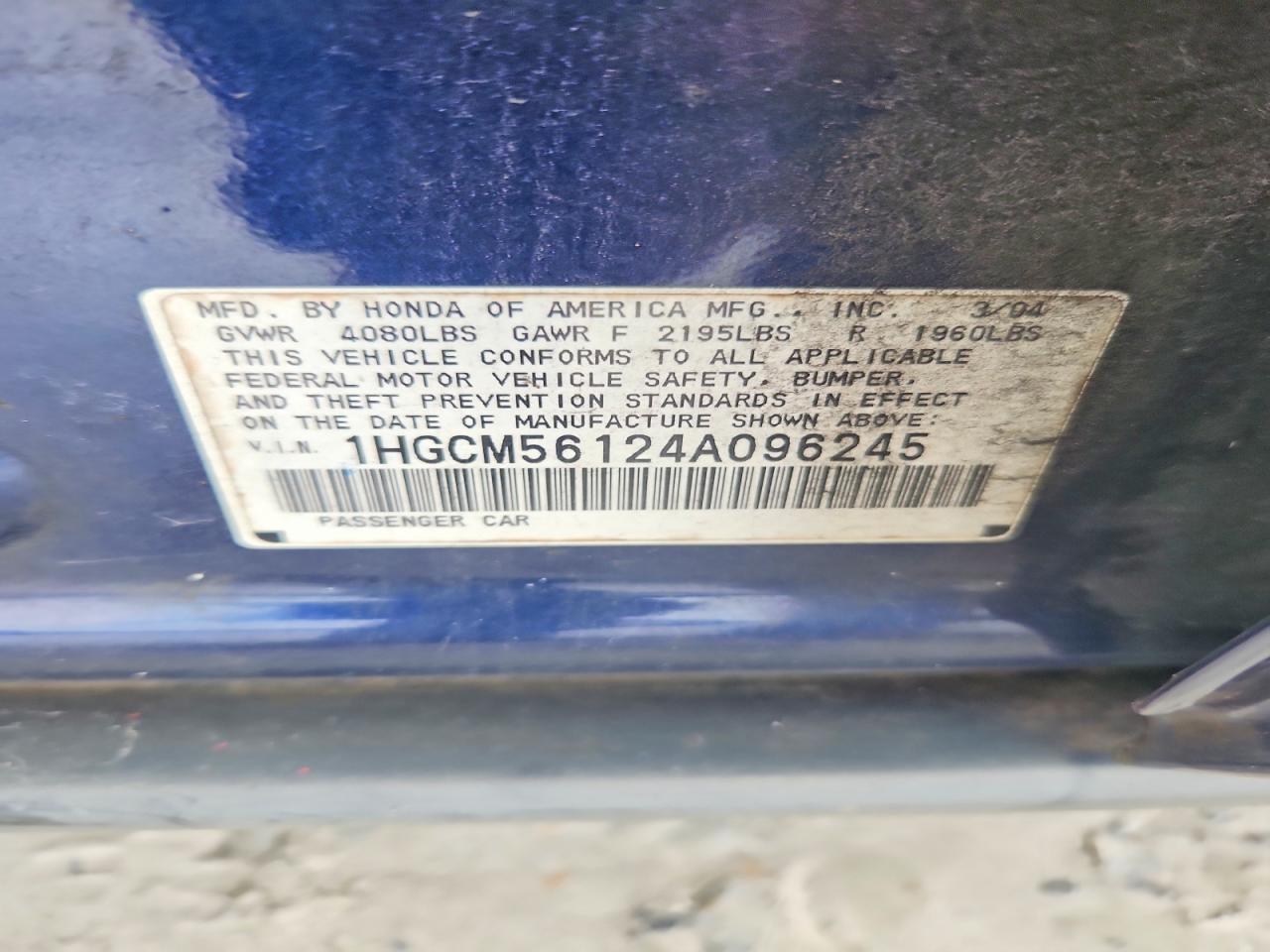 2004 Honda Accord Dx Blue vin: 1HGCM56124A096245