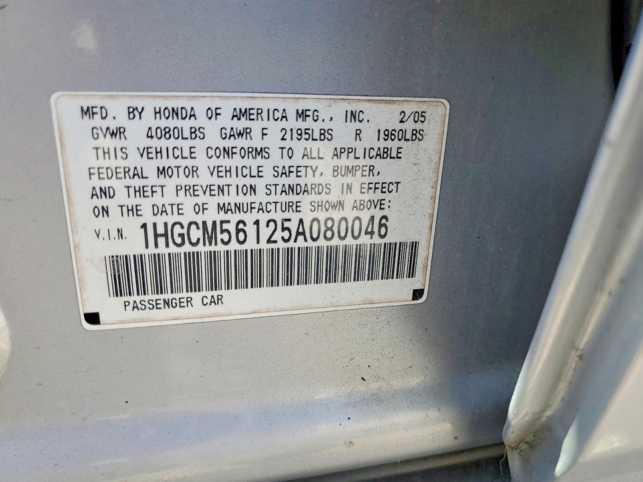 2005 Honda Accord Dx Silver vin: 1HGCM56125A080046