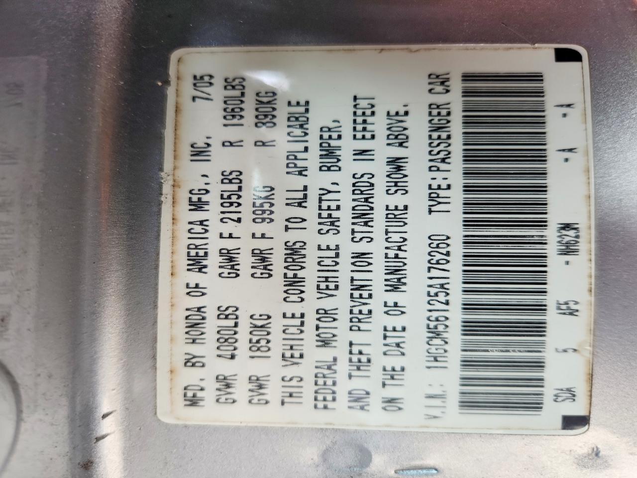 2005 Honda Accord Dx Silver vin: 1HGCM56125A176260