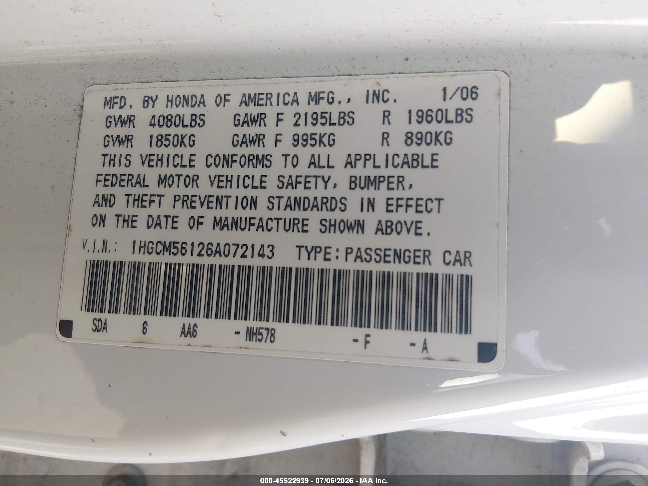 2006 Honda Accord 2.4 Vp White vin: 1HGCM56126A072143
