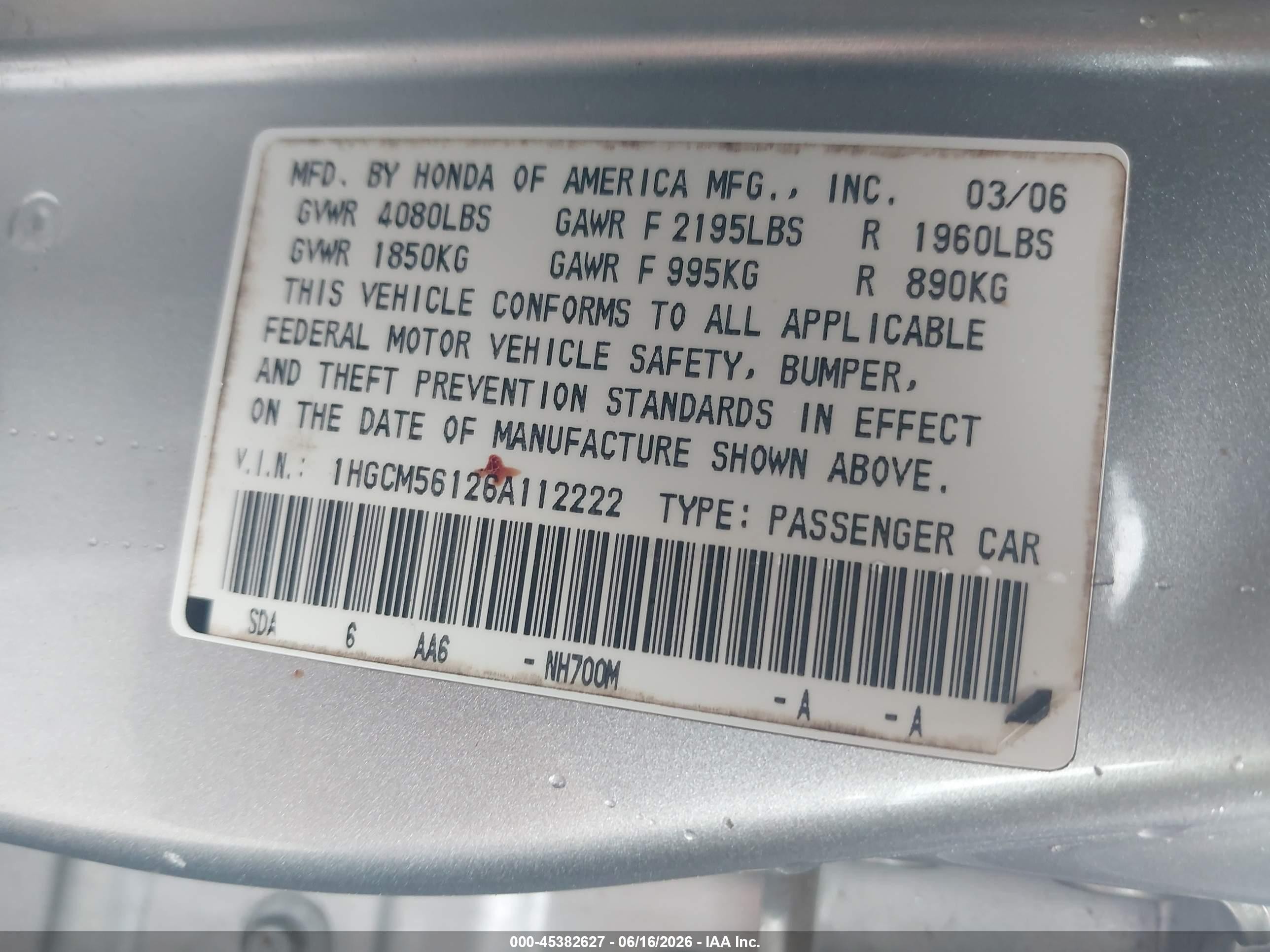 2006 Honda Accord 2.4 Vp Silver vin: 1HGCM56126A112222